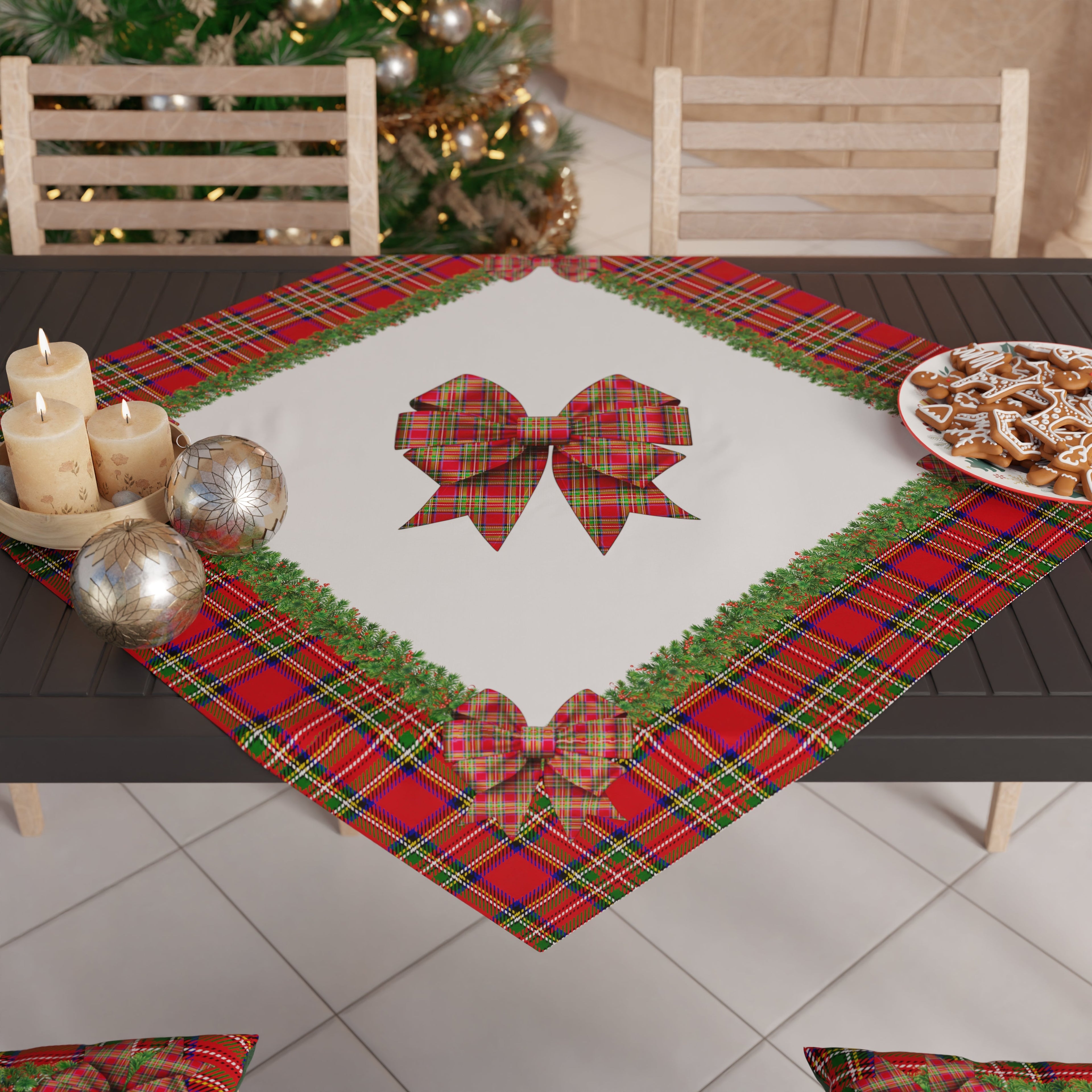 Centrotavola Natalizio per Cucina in Stampa Digitale Fiocco Tartan, Fantasia Scozzese