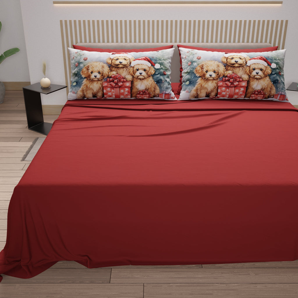Lenzuola Natalizie in Cotone, Completo Letto con Federe in Stampa Digitale Dog