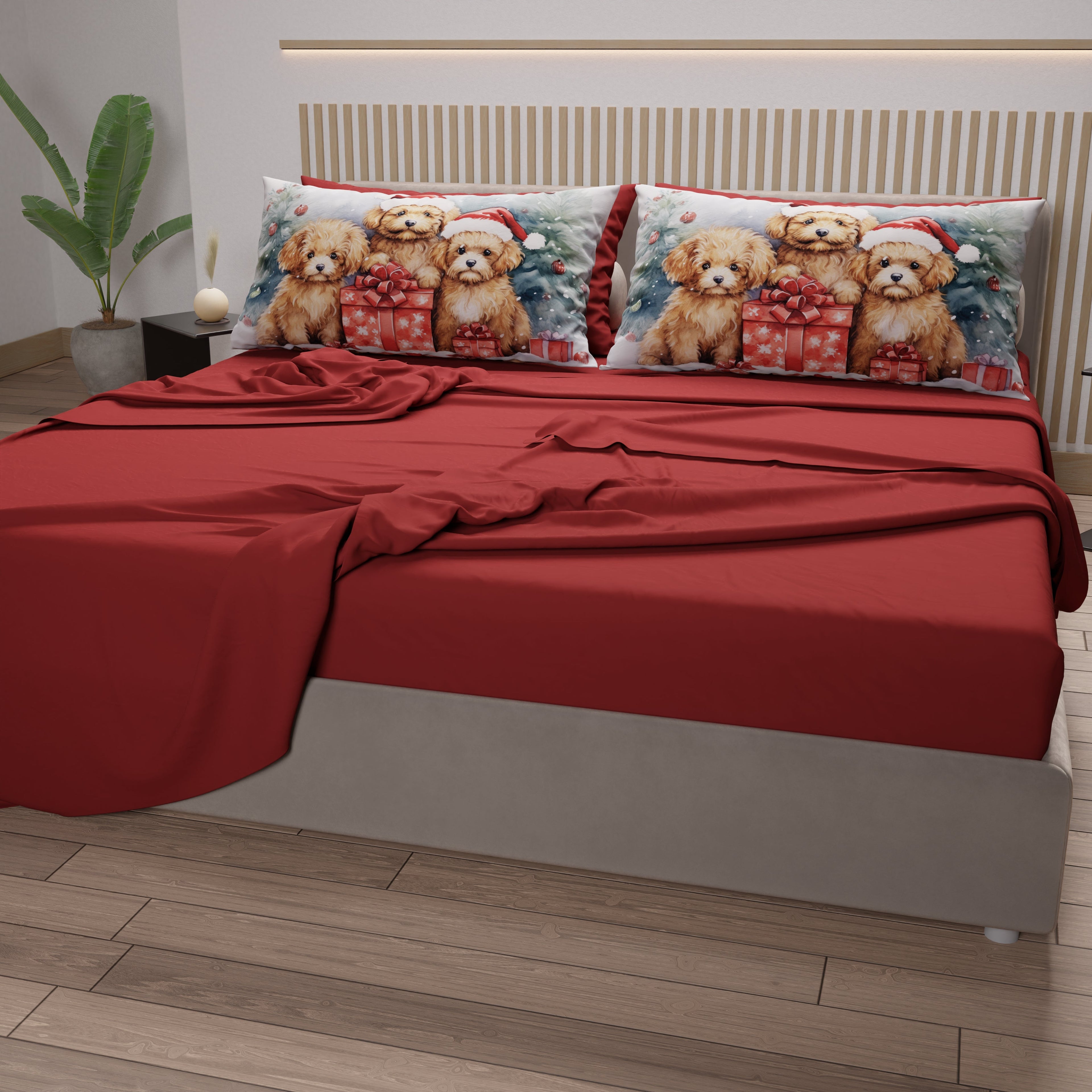 Lenzuola Natalizie in Cotone, Completo Letto con Federe in Stampa Digitale Dog