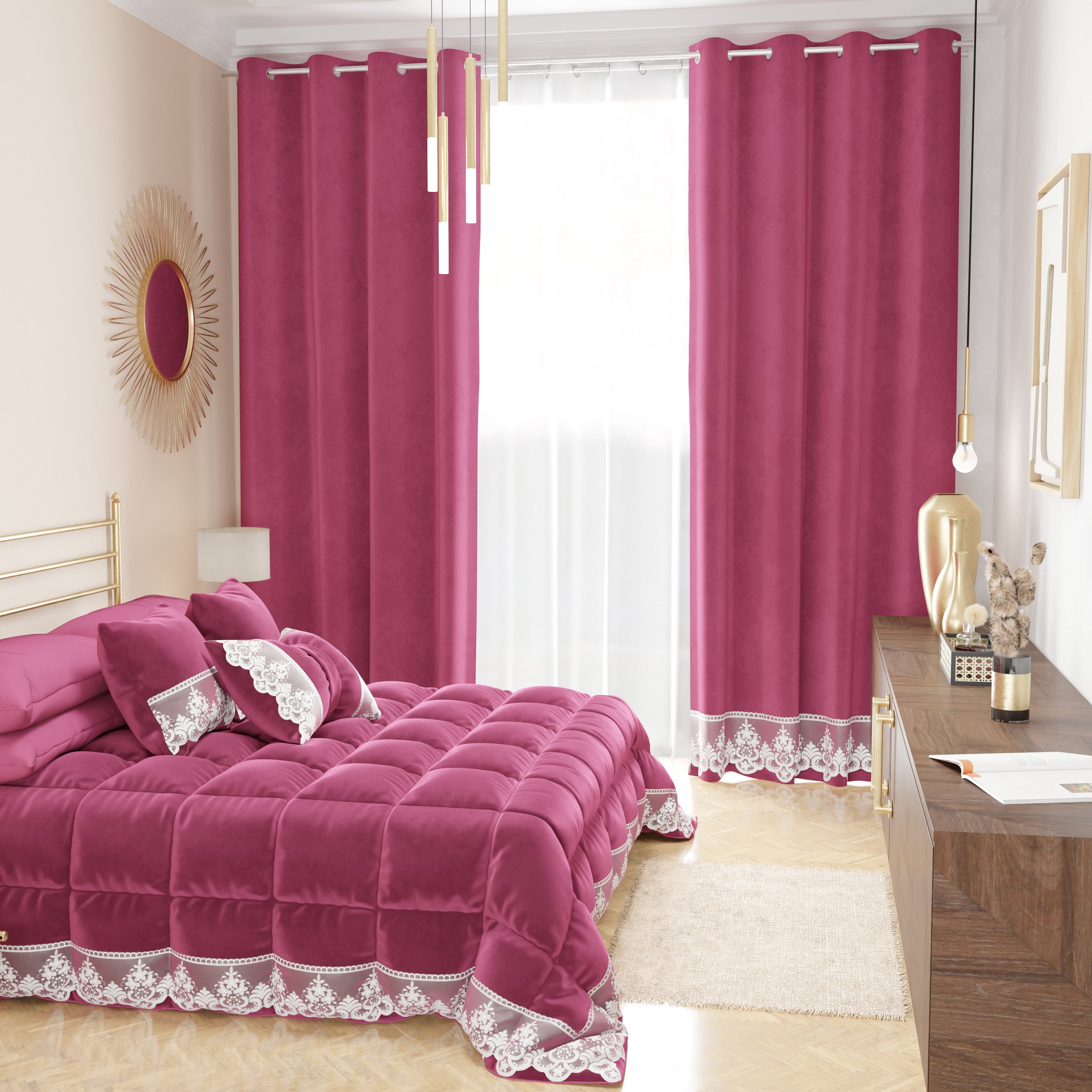 Tenda a Pannello in Velluto per Interni con Anelli e Pizzo Rebrodè, 140x280 cm, Fucsia by Sissy