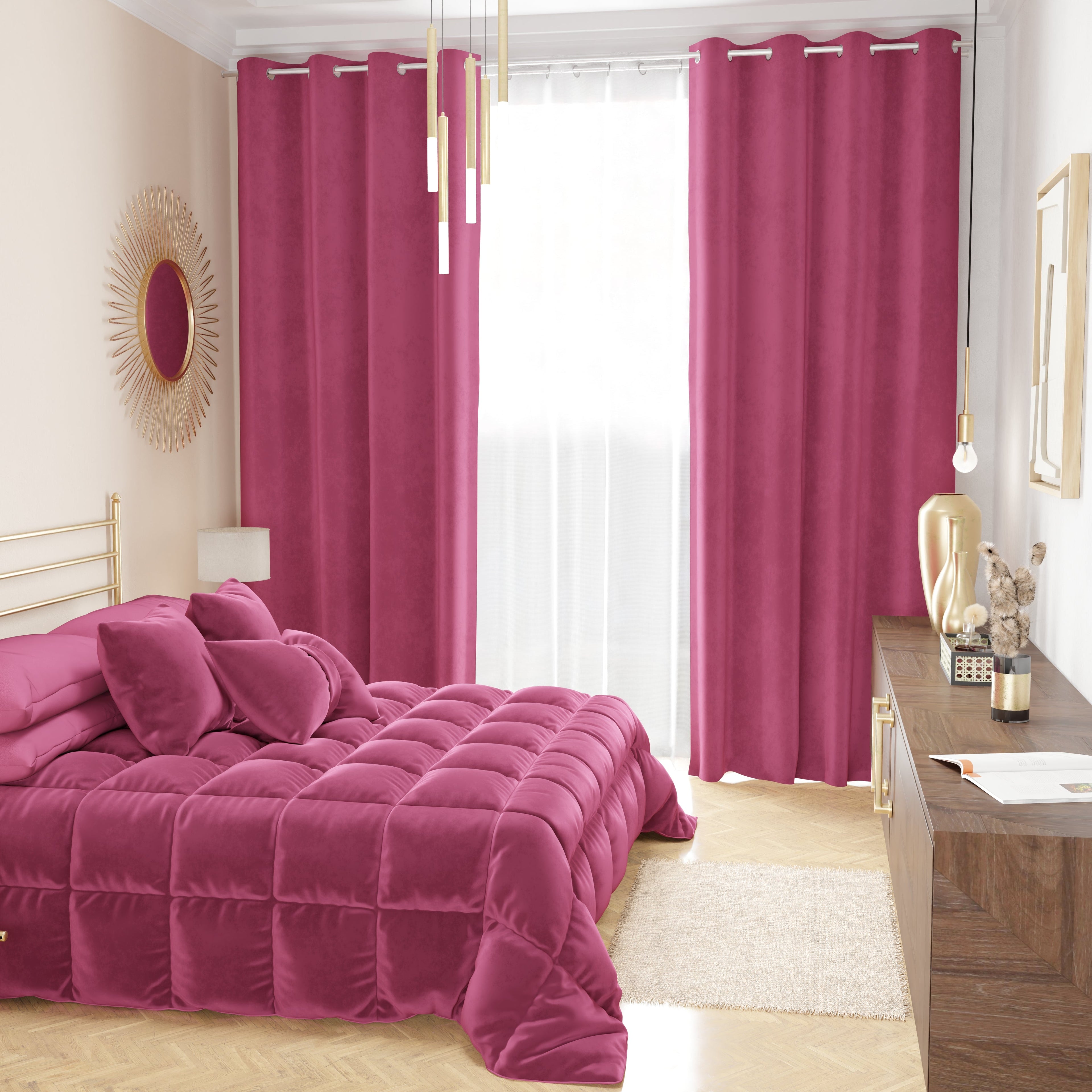 Tenda a Pannello in Velluto per Interni con Anelli, 140x280 cm, Fucsia