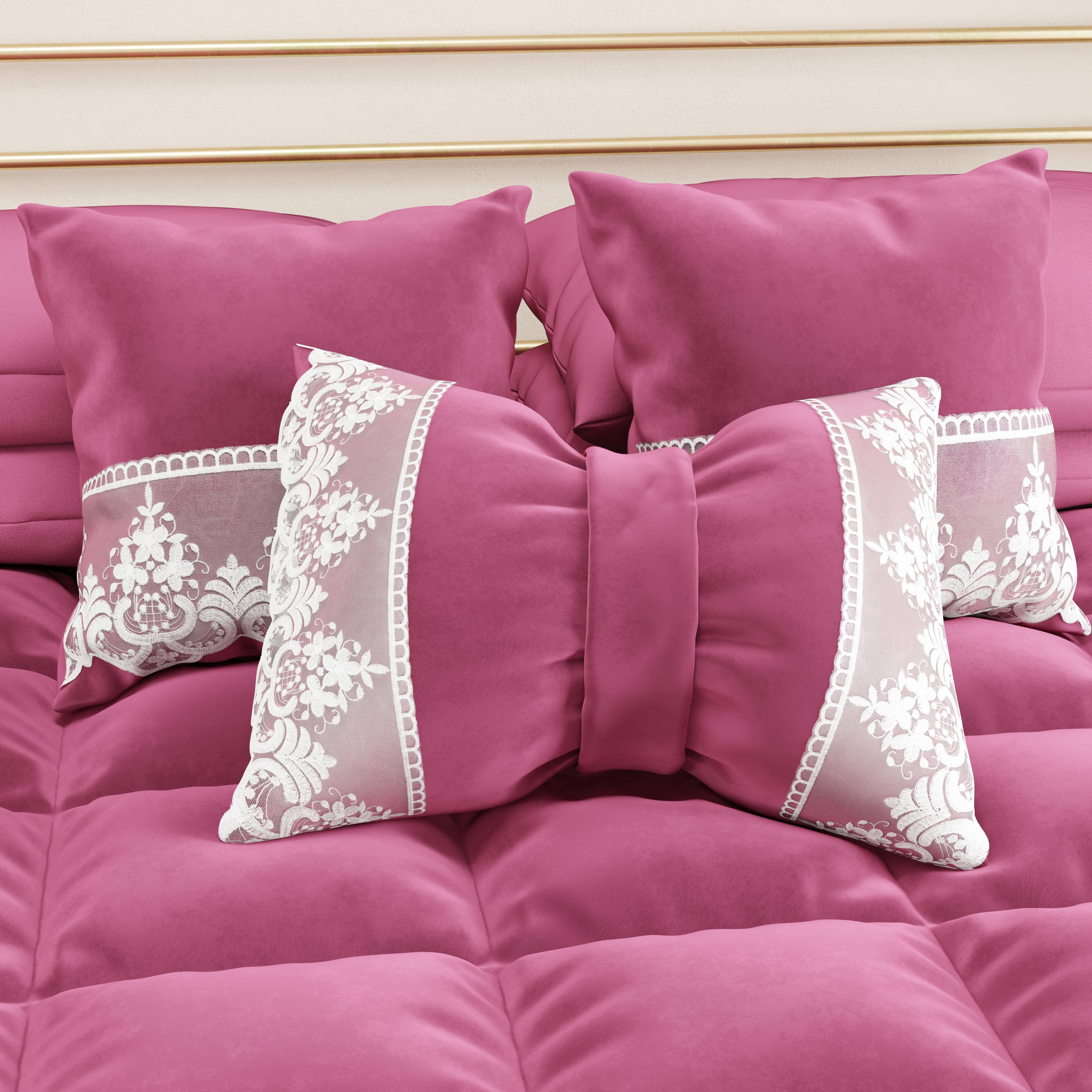 Cuscino Arredo Fiocco in Velluto e Balza con Pizzo Rebrodè 40x50 cm, Cuscino divano Fucsia By Sissy