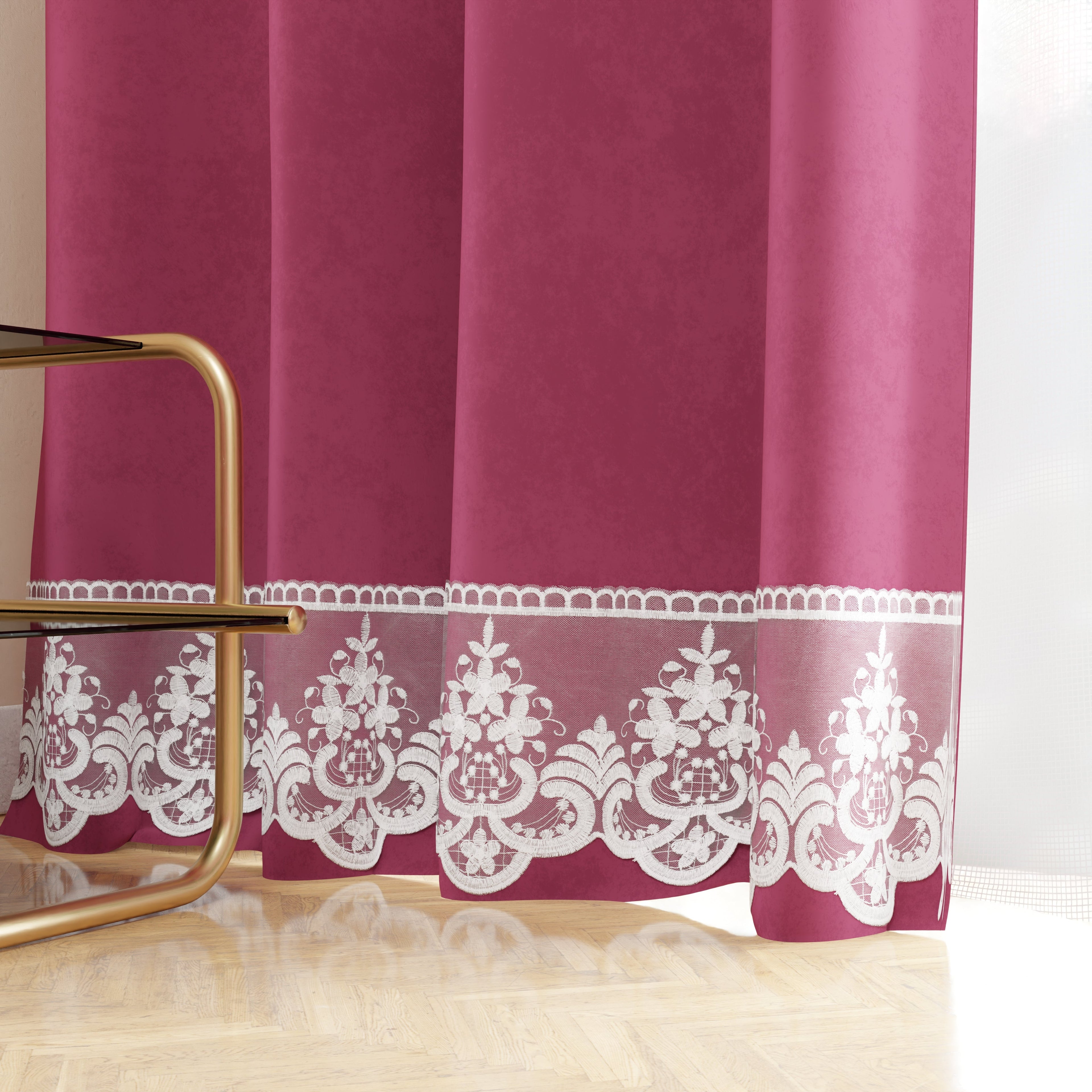Tenda a Pannello in Velluto per Interni con Anelli e Pizzo Rebrodè, 140x280 cm, Fucsia by Sissy