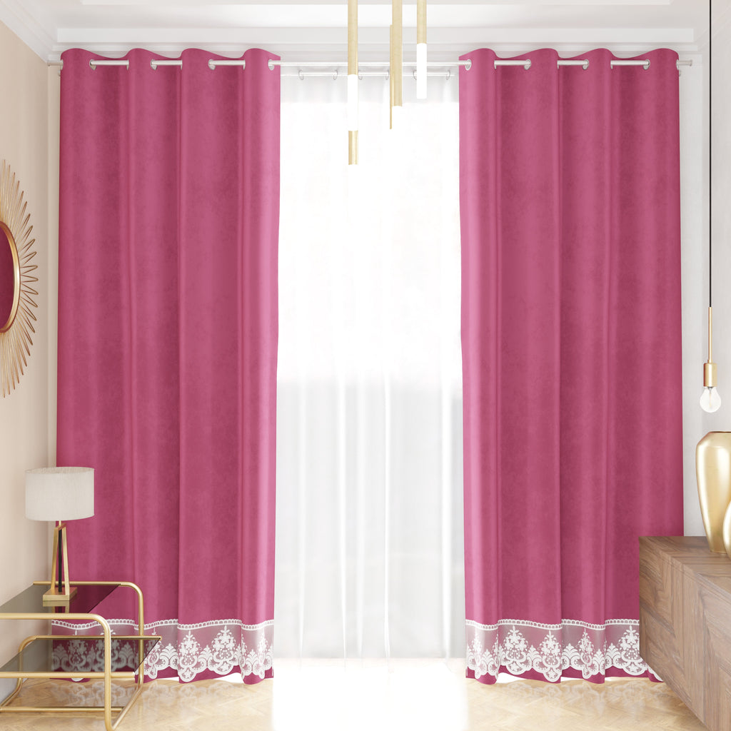 Tenda a Pannello in Velluto per Interni con Anelli e Pizzo Rebrodè, 140x280 cm, Fucsia by Sissy