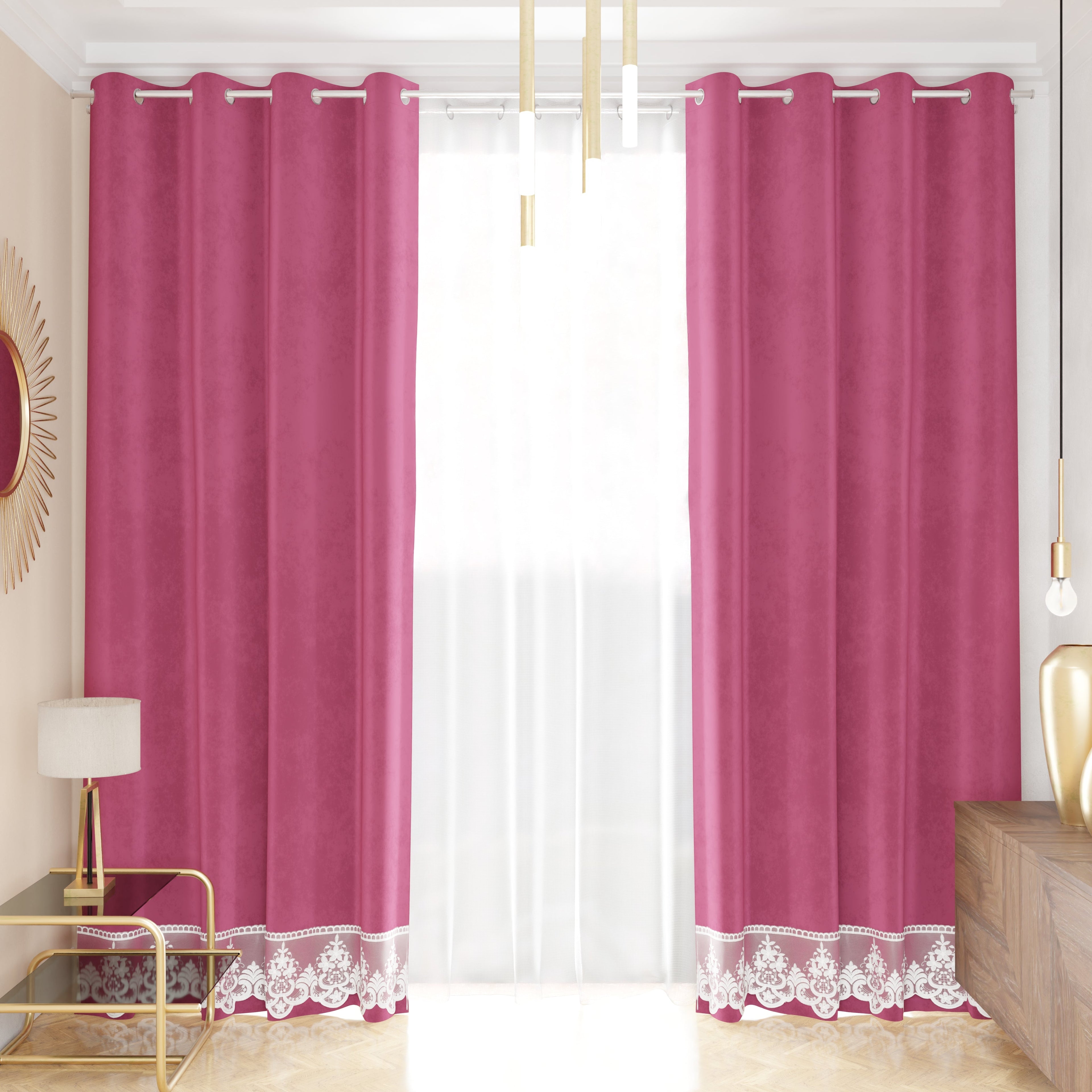 Tenda a Pannello in Velluto per Interni con Anelli e Pizzo Rebrodè, 140x280 cm, Fucsia by Sissy