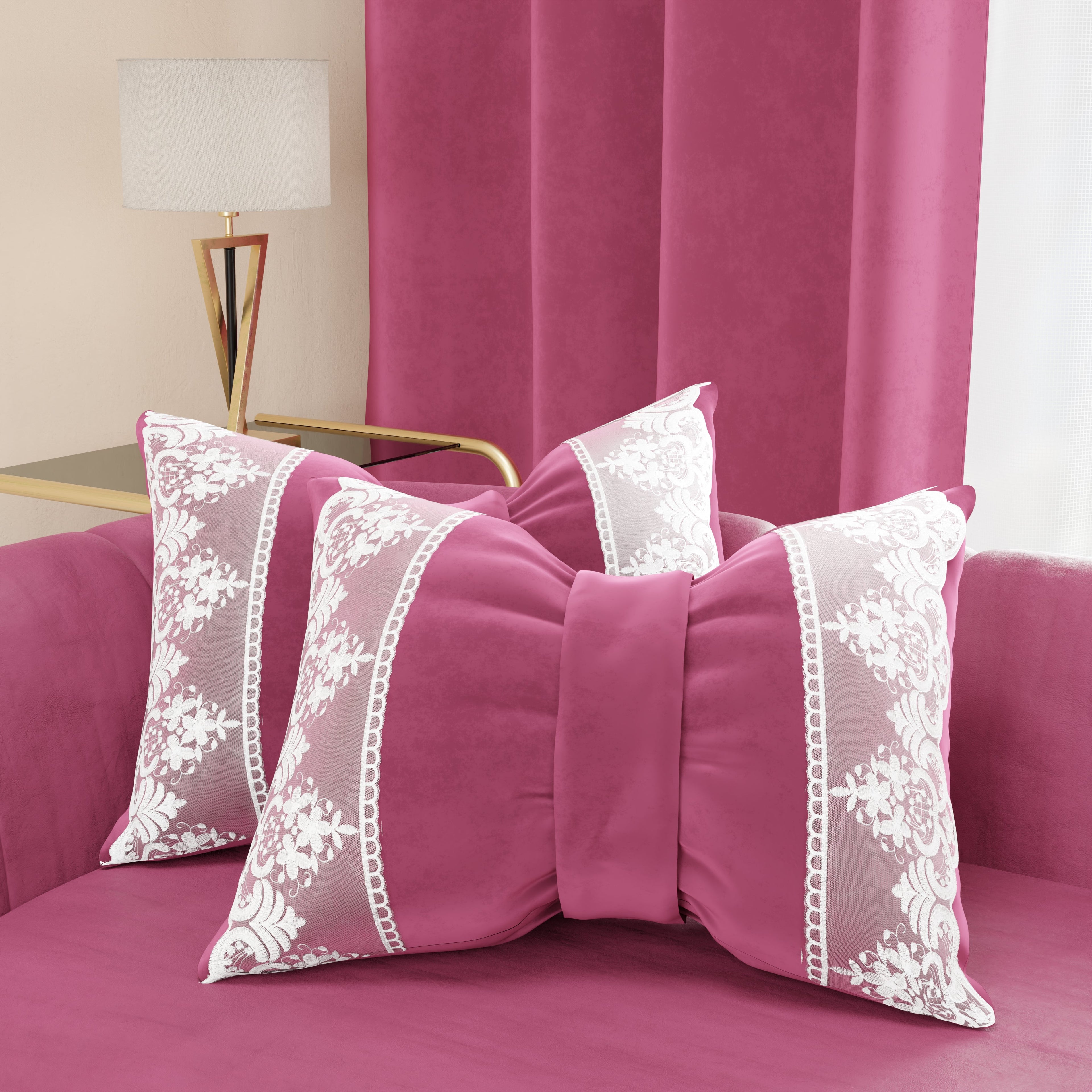 Cuscino Arredo Fiocco in Velluto e Balza con Pizzo Rebrodè 40x50 cm, Cuscino divano Fucsia By Sissy