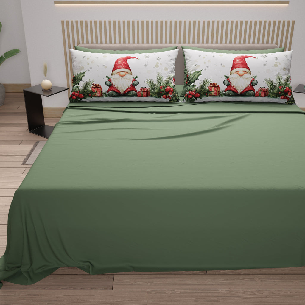 Lenzuola Natalizie in Cotone, Completo Letto con Federe in Stampa Digitale Gnomo 01