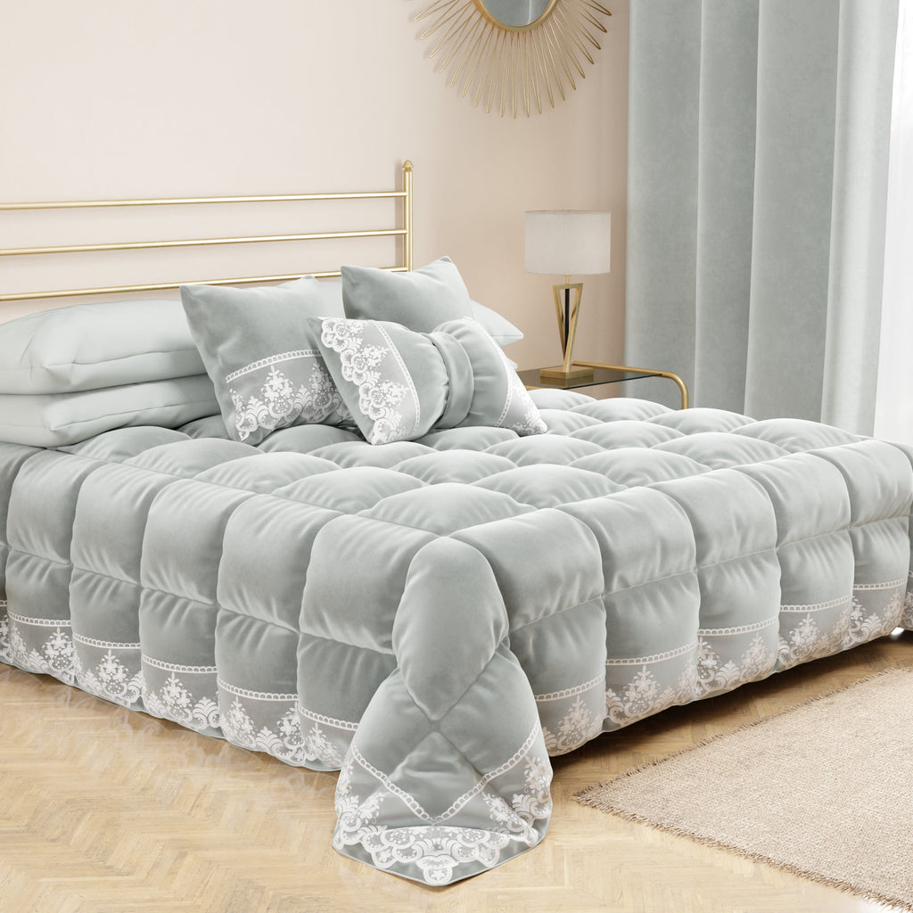 Cuscino Arredo Fiocco in Velluto e Balza con Pizzo Rebrodè 40x50 cm, Cuscino divano Grigio Chiaro By Sissy