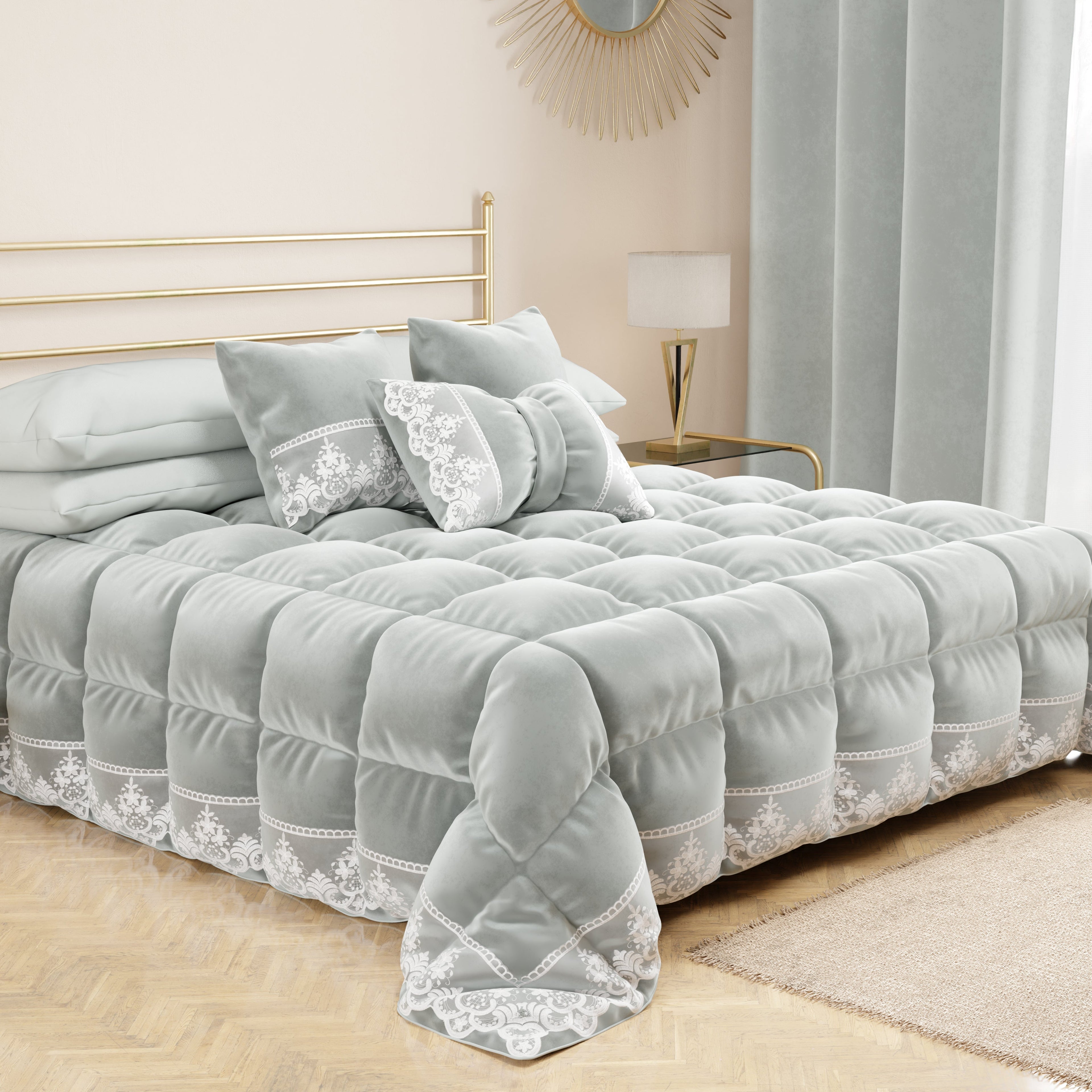 Cuscino Arredo Fiocco in Velluto e Balza con Pizzo Rebrodè 40x50 cm, Cuscino divano Grigio Chiaro By Sissy