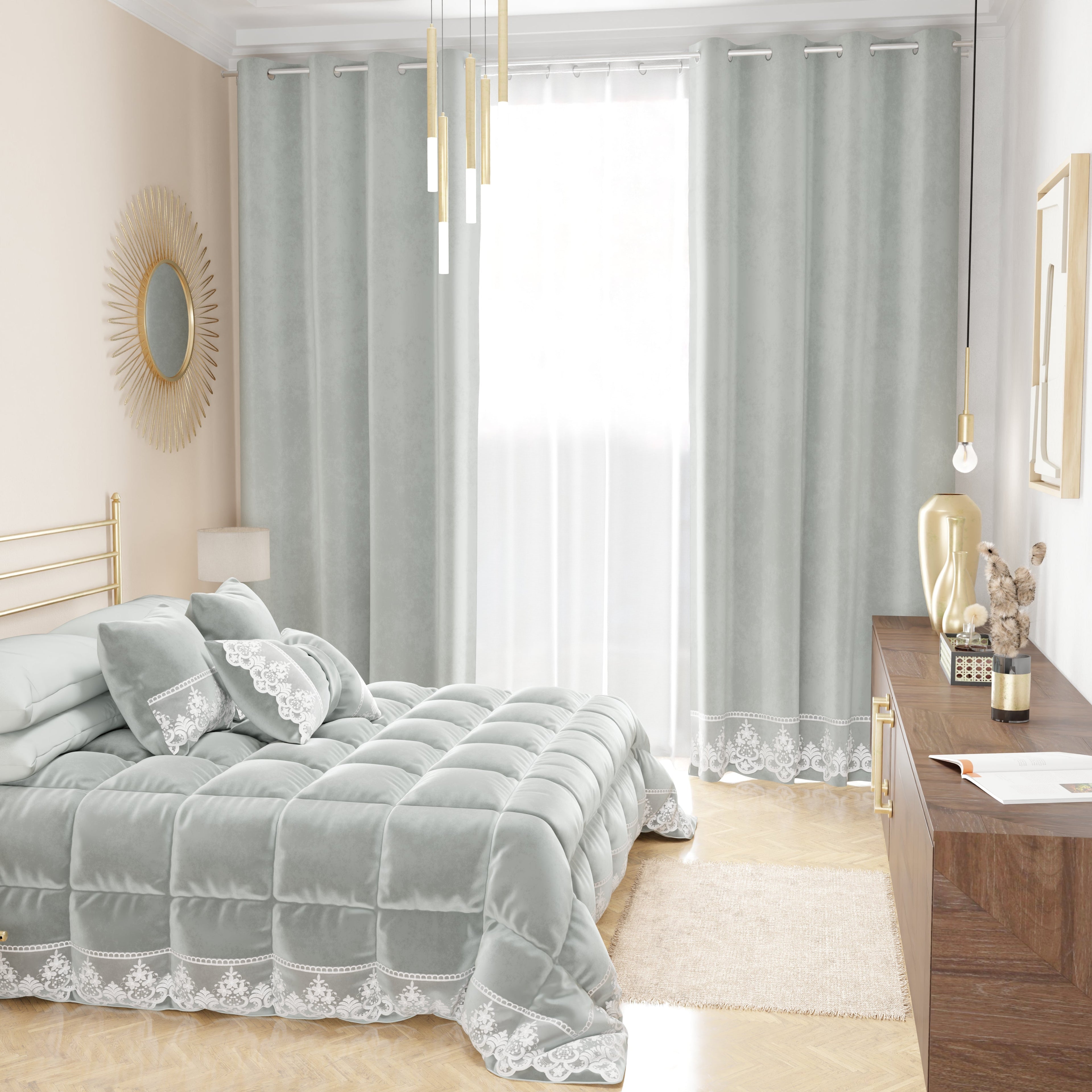 Tenda a Pannello in Velluto per Interni con Anelli e Pizzo Rebrodè, 140x280 cm, Grigio Chiaro by Sissy
