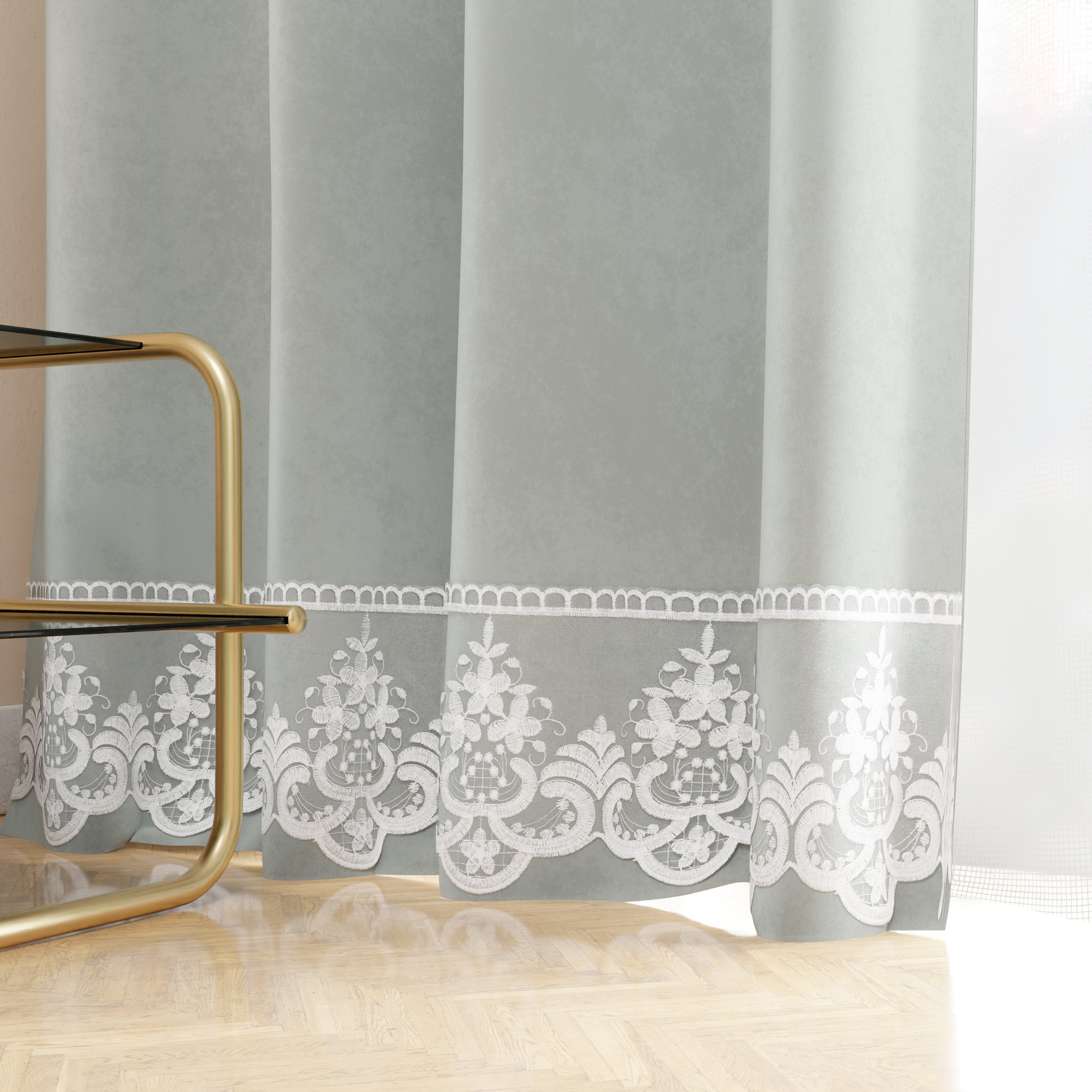 Tenda a Pannello in Velluto per Interni con Anelli e Pizzo Rebrodè, 140x280 cm, Grigio Chiaro by Sissy