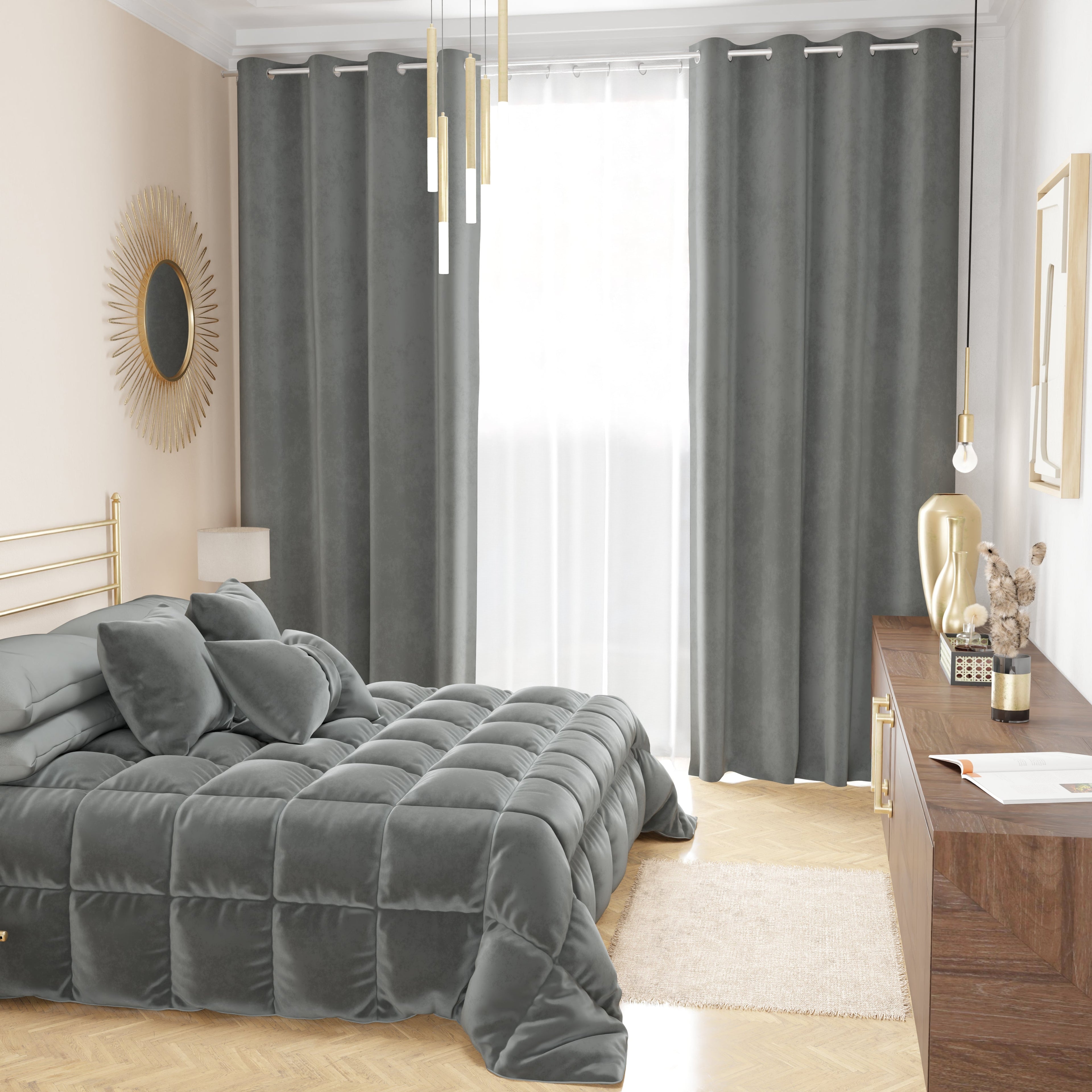 Tenda a Pannello in Velluto per Interni con Anelli, 140x280 cm, Grigio Scuro