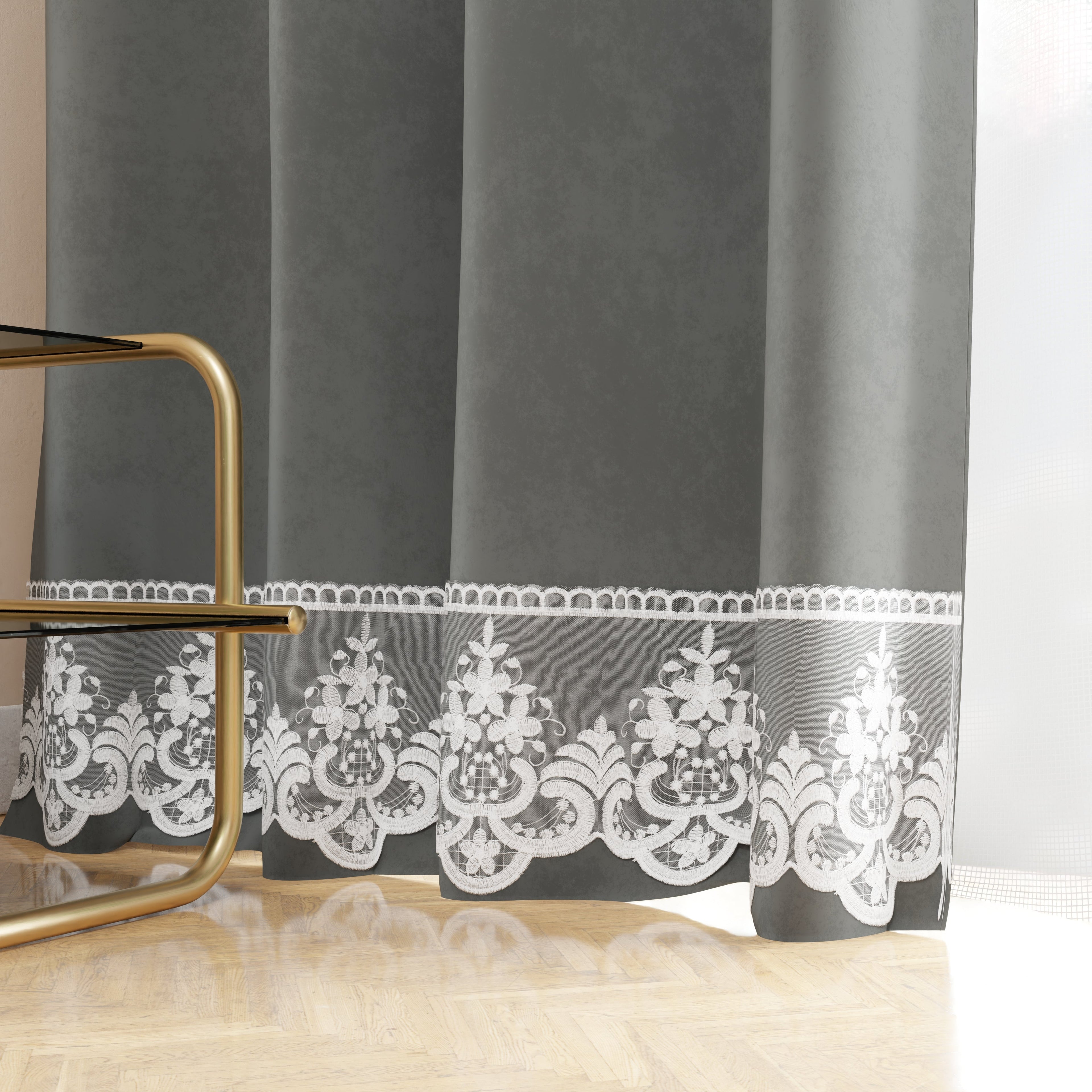 Tenda a Pannello in Velluto per Interni con Anelli e Pizzo Rebrodè, 140x280 cm, Grigio Scuro by Sissy