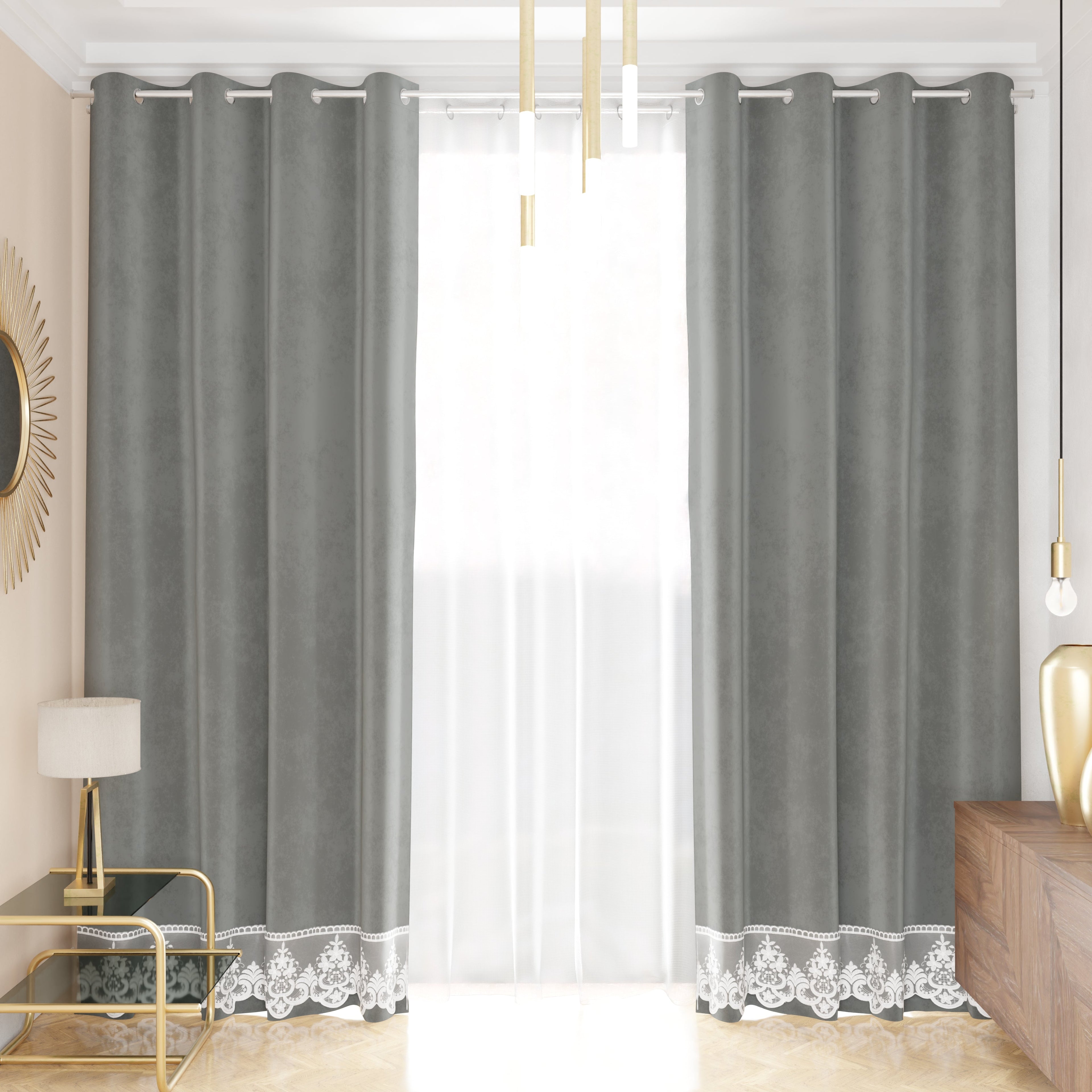 Tenda a Pannello in Velluto per Interni con Anelli e Pizzo Rebrodè, 140x280 cm, Grigio Scuro by Sissy