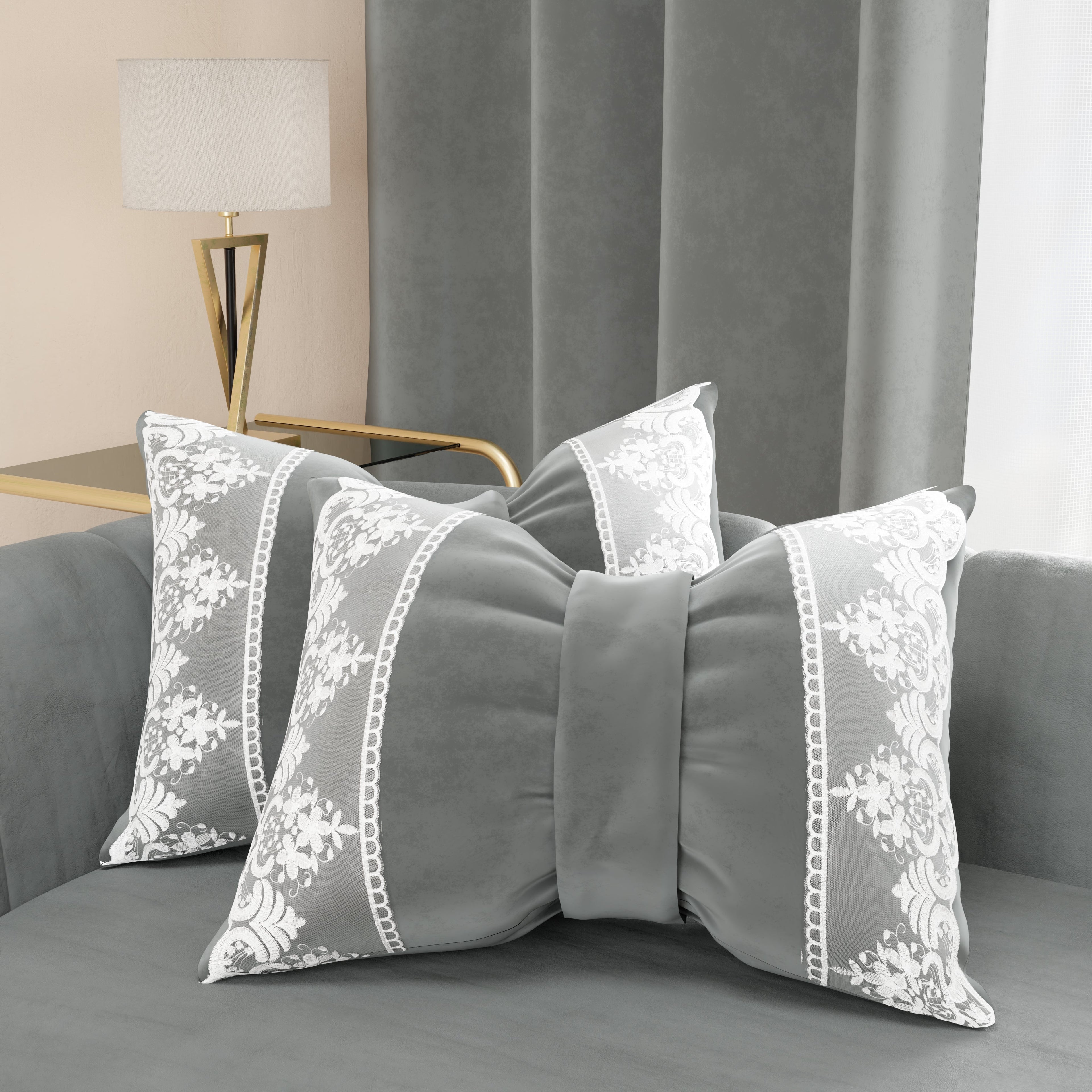 Cuscino Arredo Fiocco in Velluto e Balza con Pizzo Rebrodè 40x50 cm, Cuscino divano Grigio Scuro By Sissy