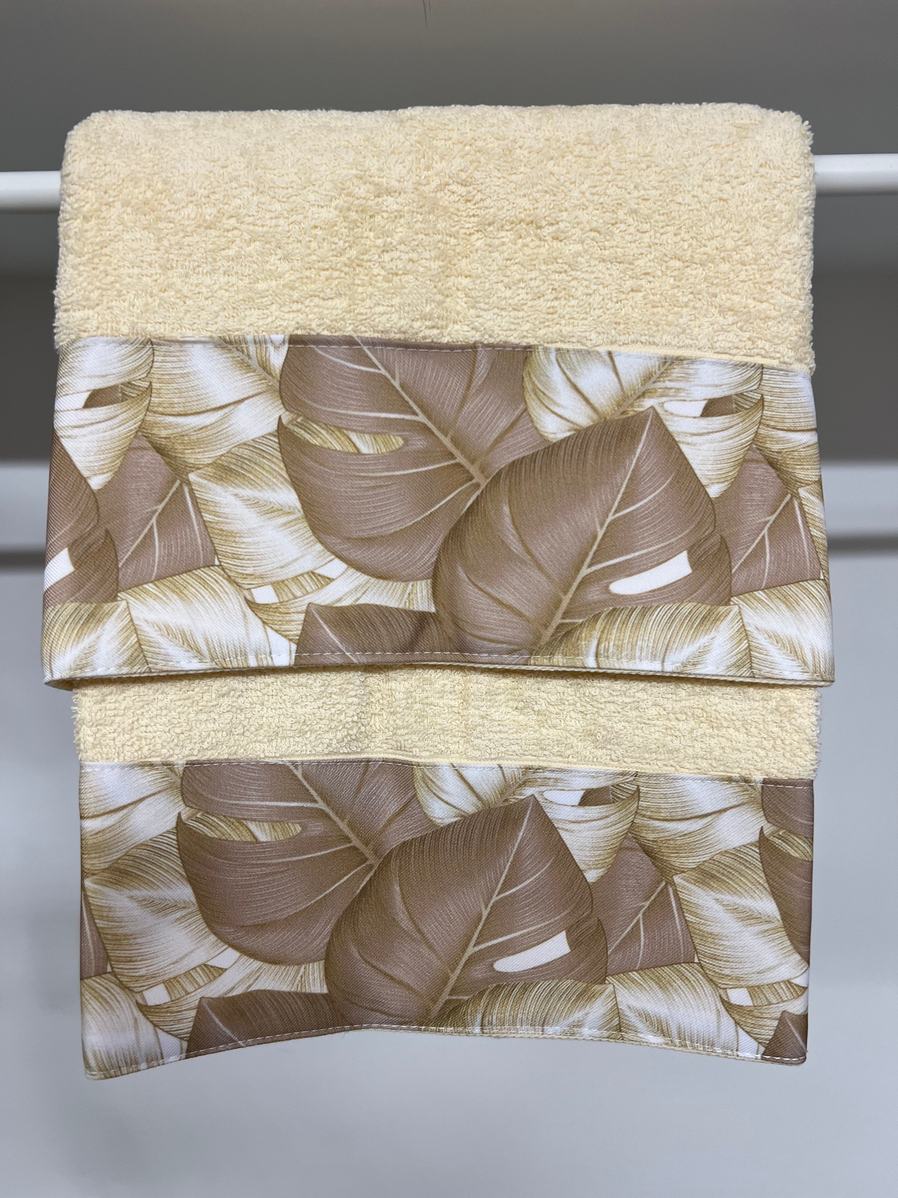 Asciugamano Bagno 1+1 con Balza in Stampa Digitale Tropical Tortora-Oro