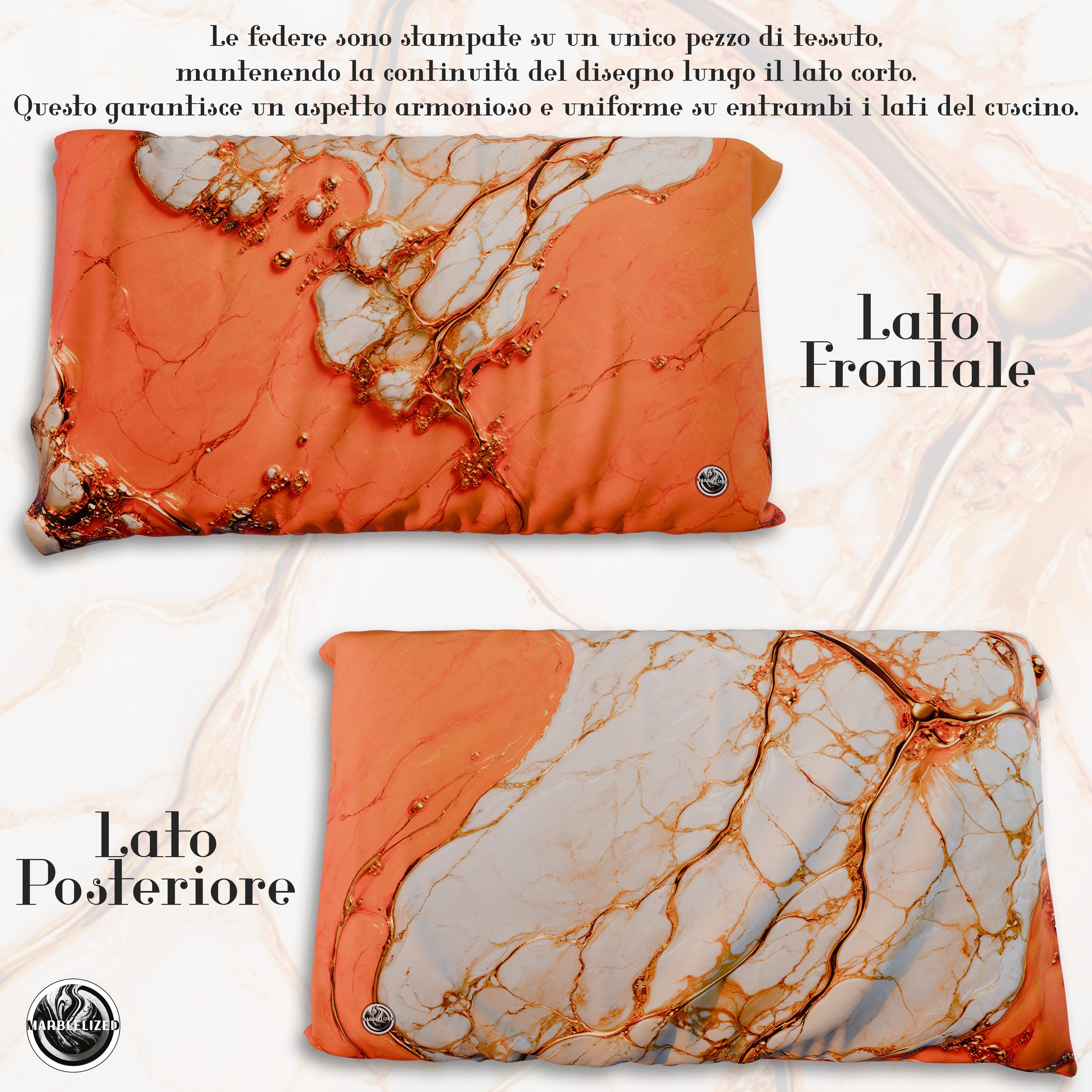 Coppia Federe Cuscino Eleganti Effetto Marmo Arancione