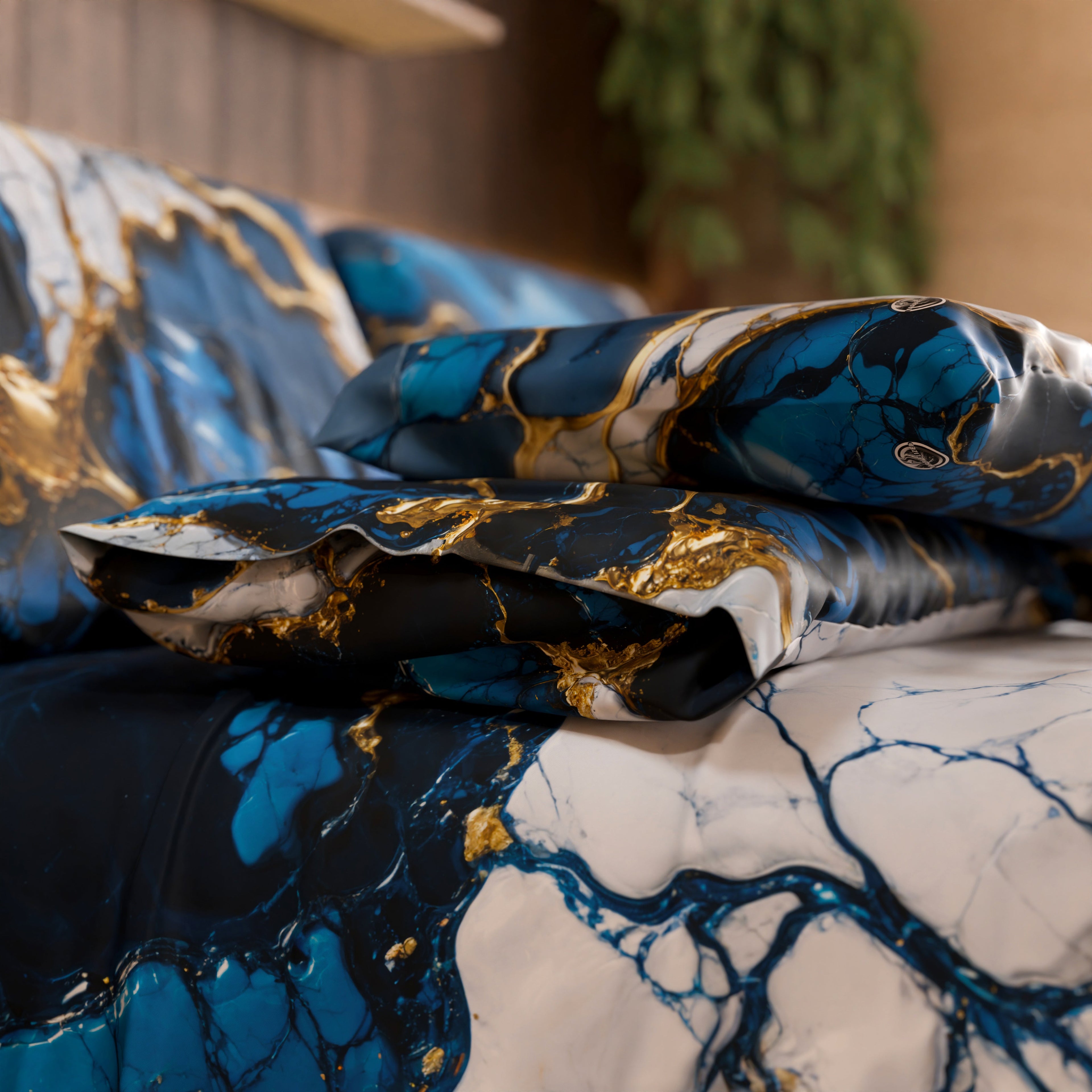 Coppia Federe Cuscino Eleganti Effetto Marmo Blu Notte