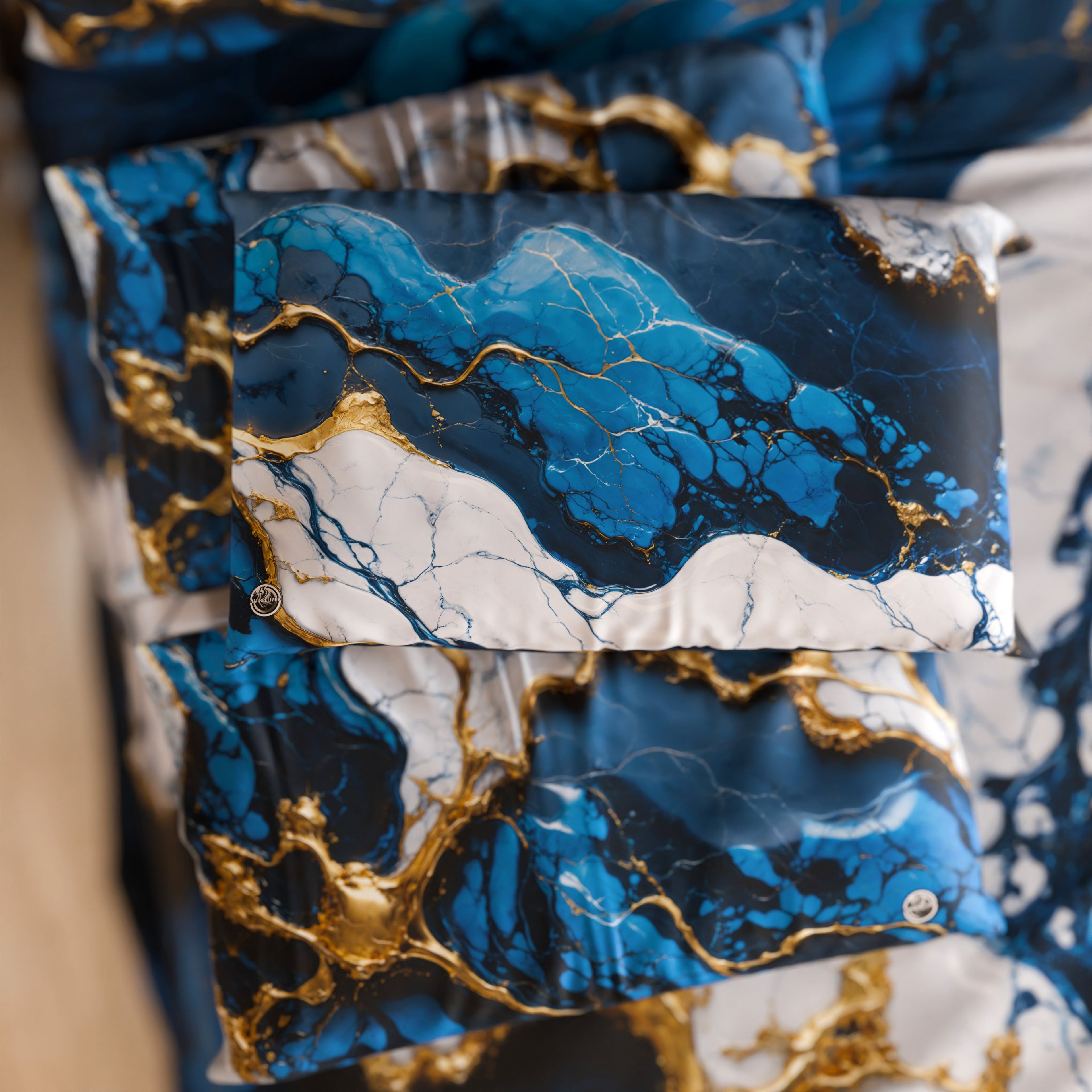 Coppia Federe Cuscino Eleganti Effetto Marmo Blu Notte
