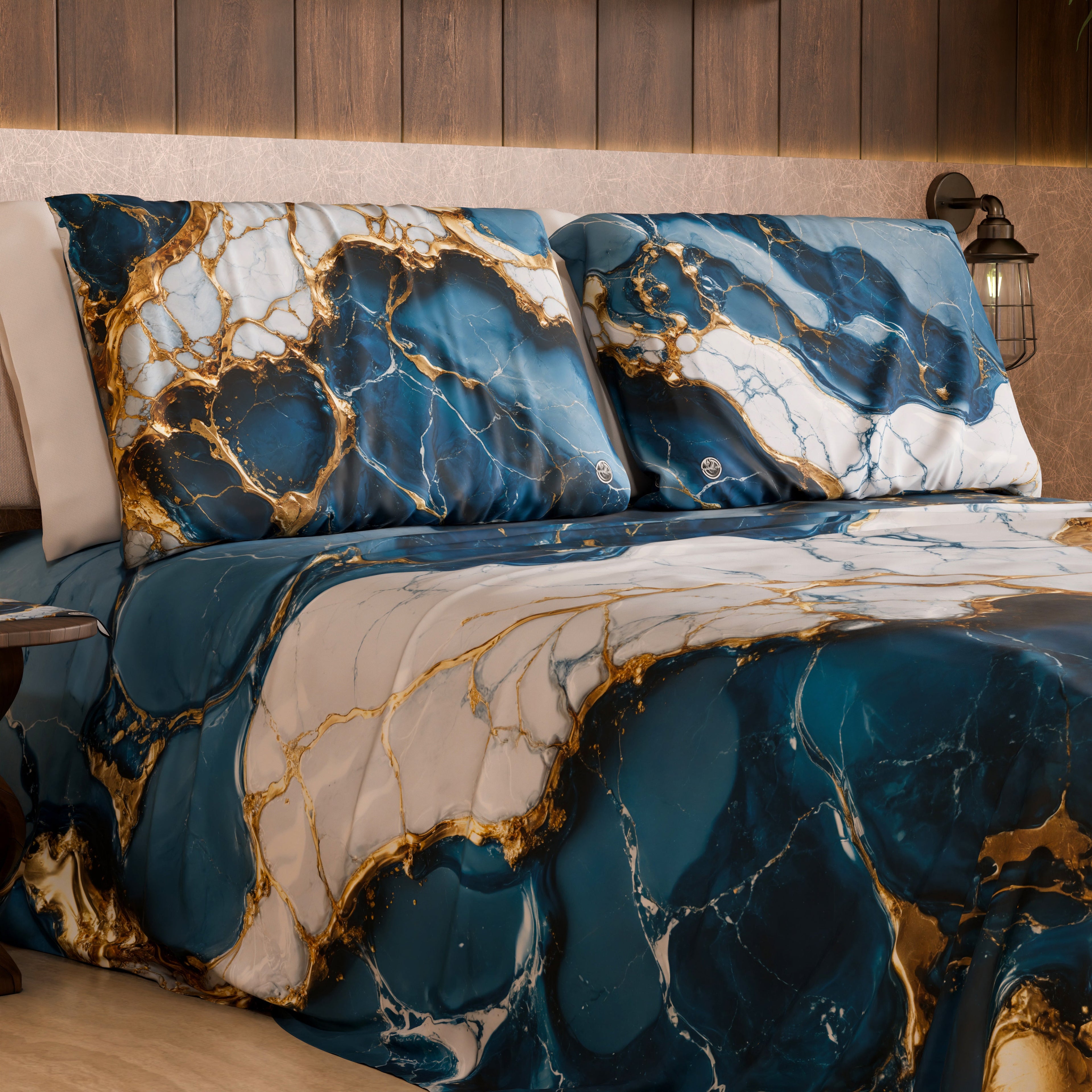 Coppia Federe Cuscino Eleganti Effetto Marmo Blu Oceano