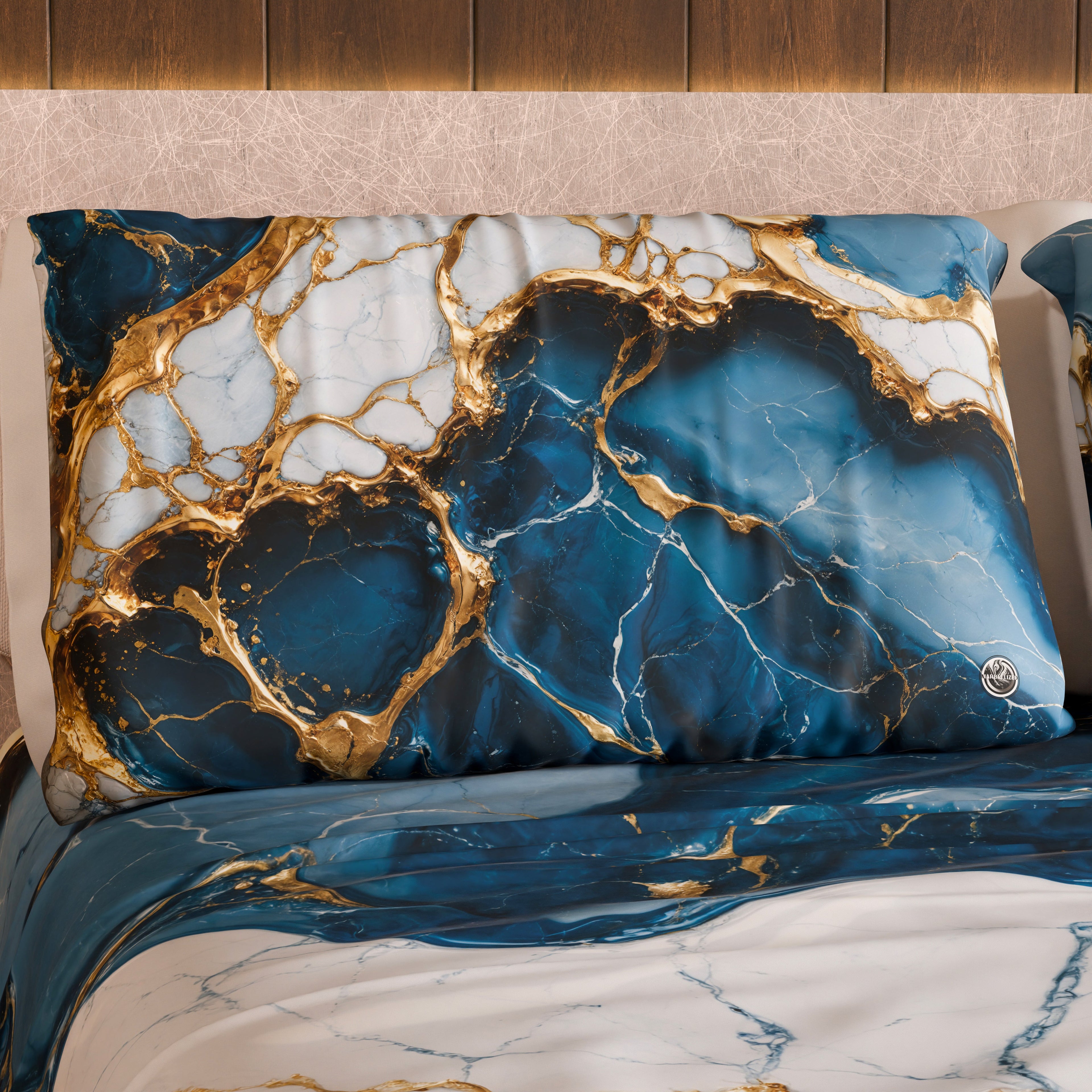 Coppia Federe Cuscino Eleganti Effetto Marmo Blu Oceano