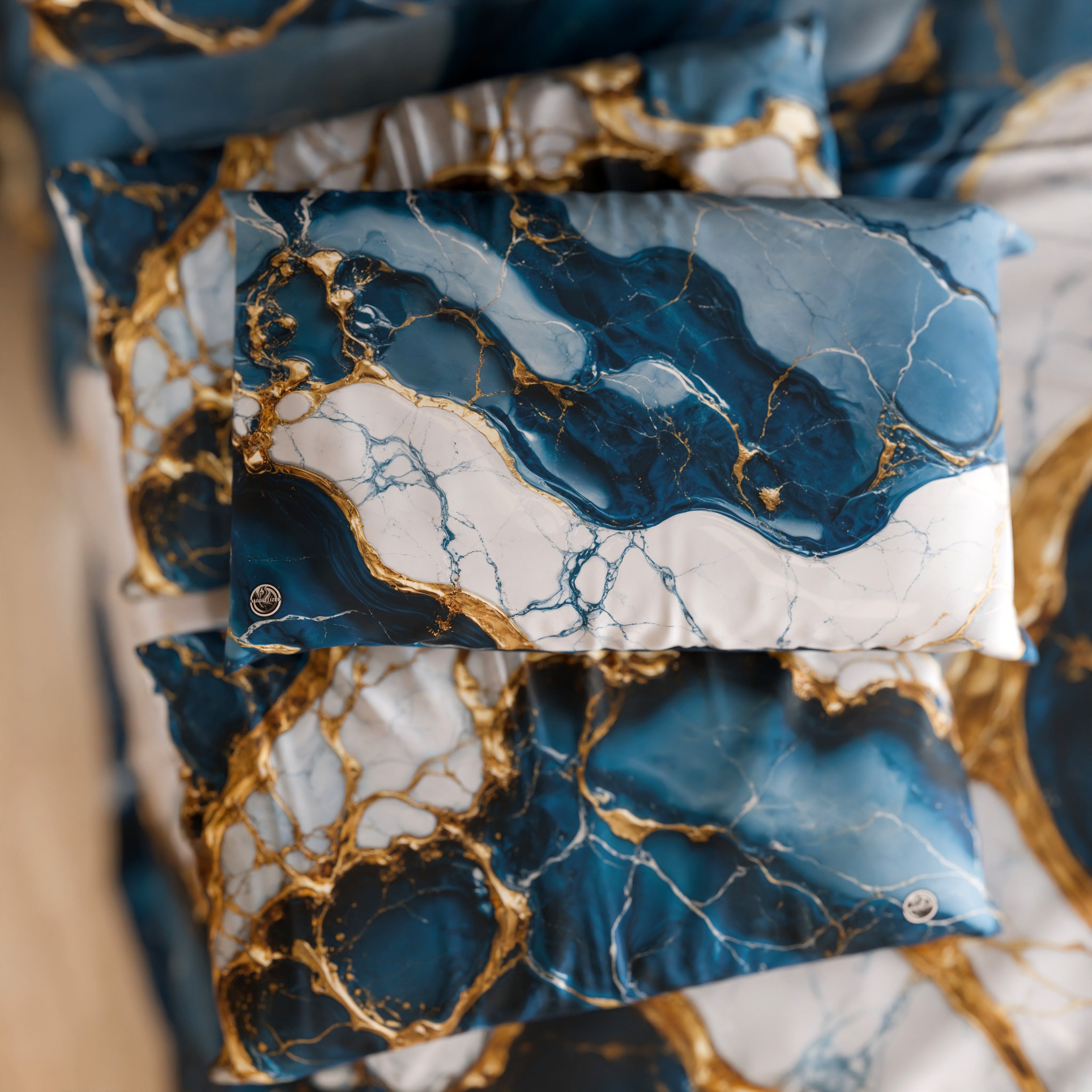 Coppia Federe Cuscino Eleganti Effetto Marmo Blu Oceano