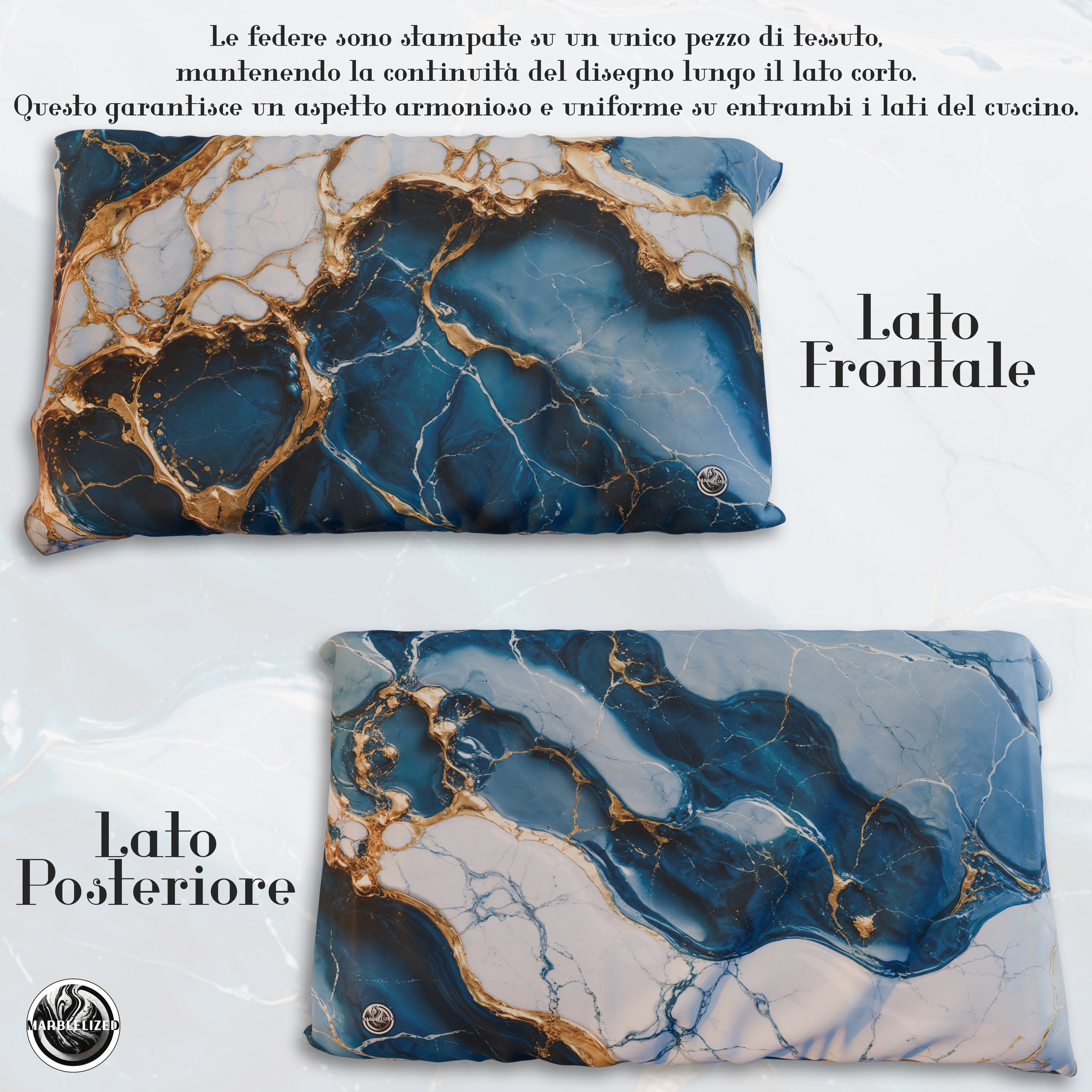 Coppia Federe Cuscino Eleganti Effetto Marmo Blu Oceano