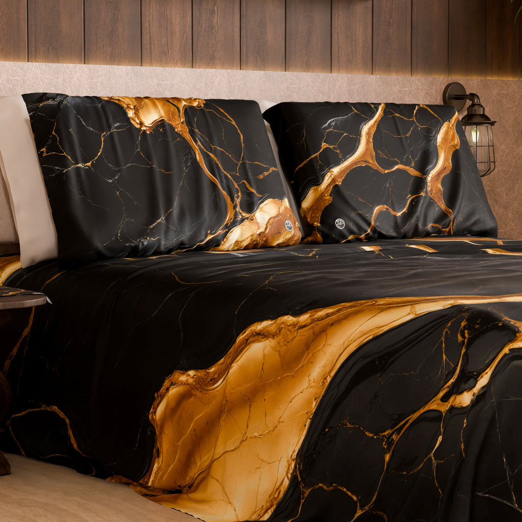 Coppia Federe Cuscino Eleganti Effetto Marmo Nero Oro