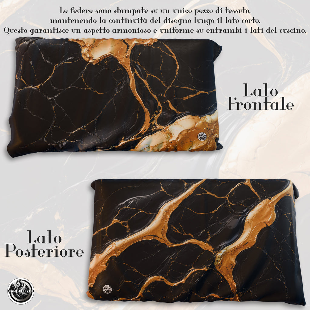 Coppia Federe Cuscino Eleganti Effetto Marmo Nero Oro