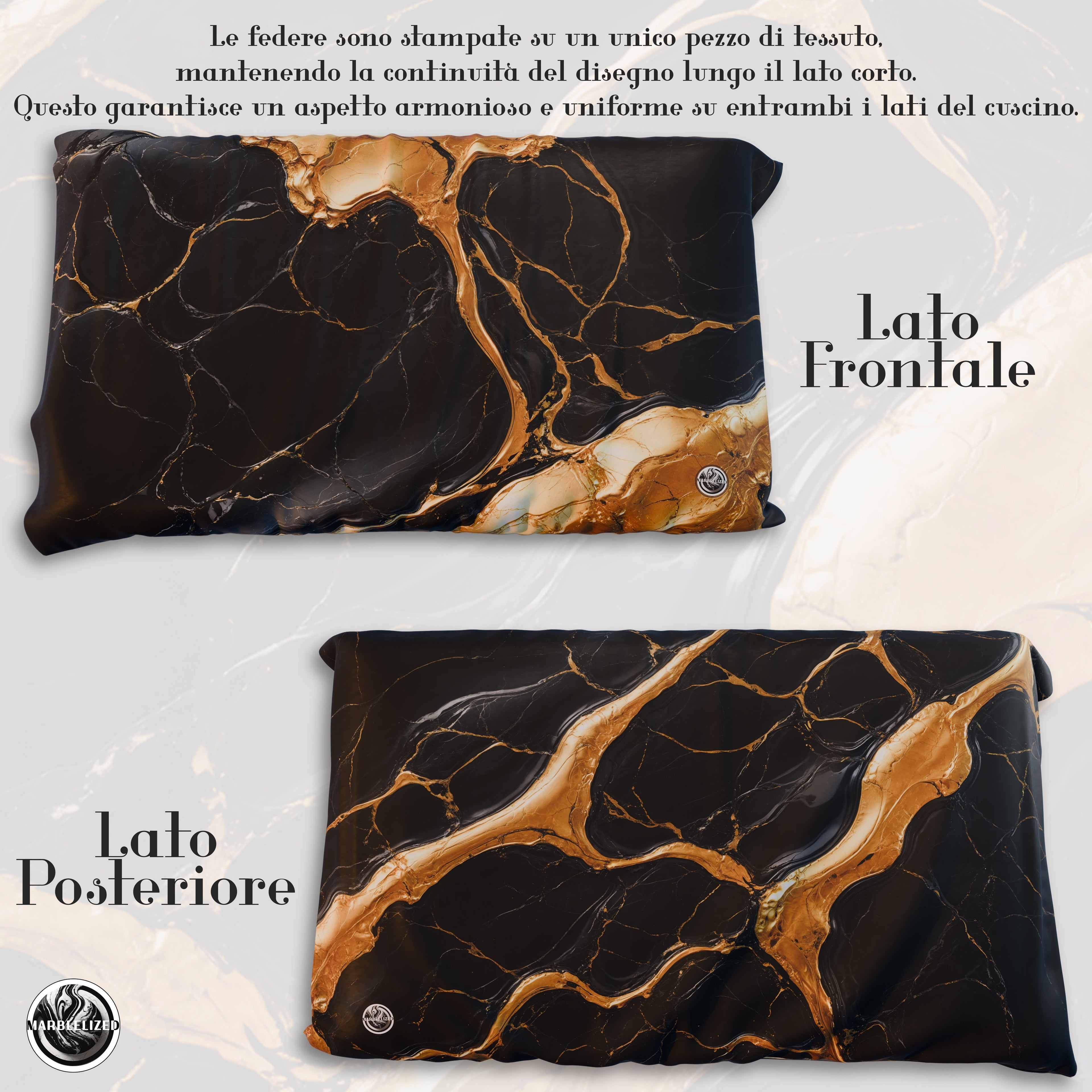 Coppia Federe Cuscino Eleganti Effetto Marmo Nero Oro