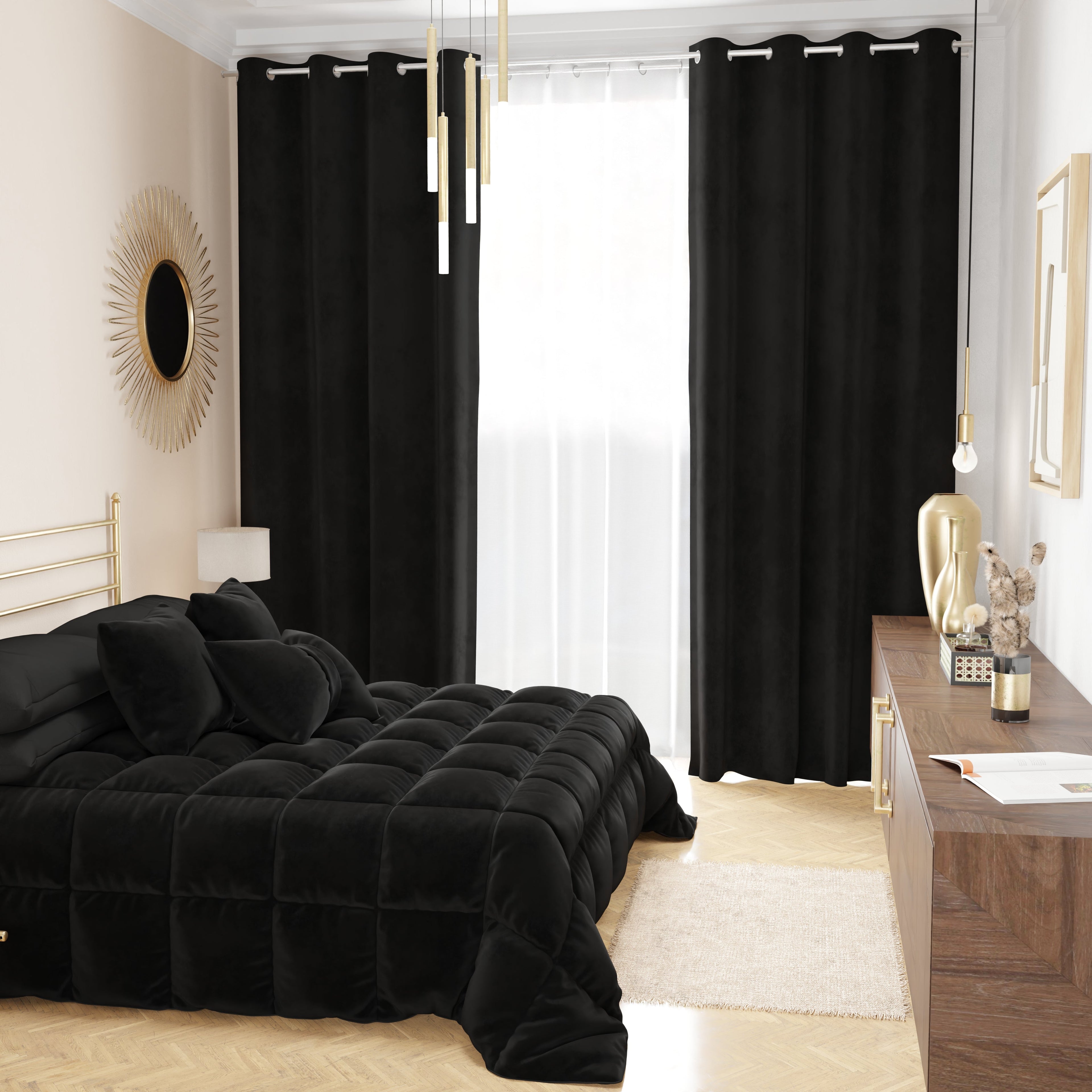 Tenda a Pannello in Velluto per Interni con Anelli, 140x280 cm, Nero