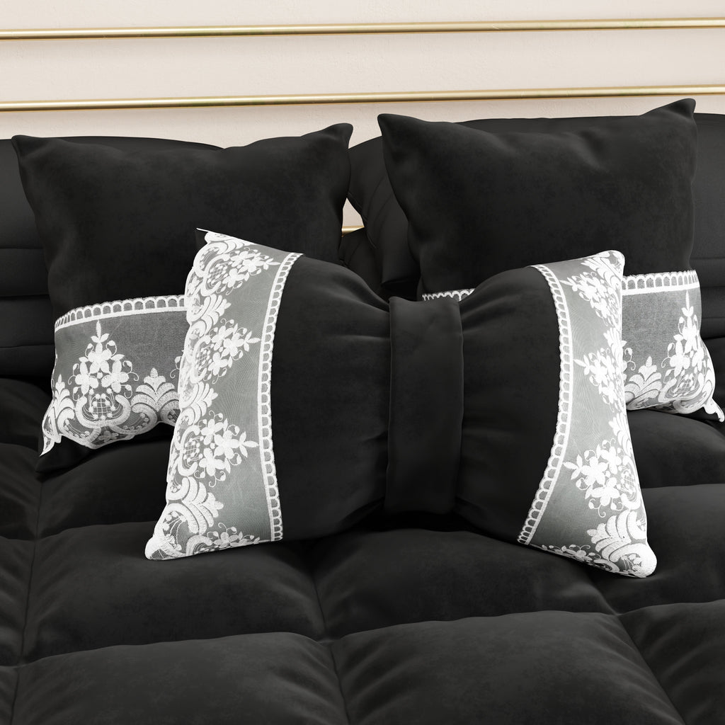 Cuscino Arredo Fiocco in Velluto e Balza con Pizzo Rebrodè 40x50 cm, Cuscino divano Nero By Sissy