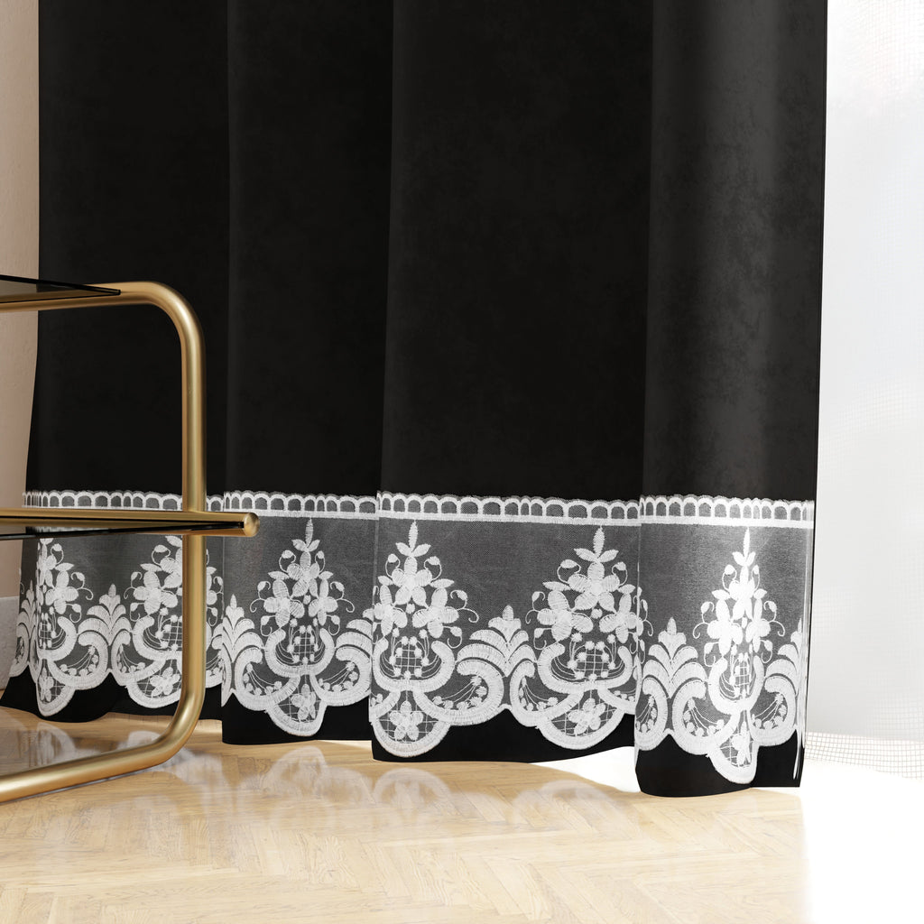 Tenda a Pannello in Velluto per Interni con Anelli e Pizzo Rebrodè, 140x280 cm, Nero by Sissy