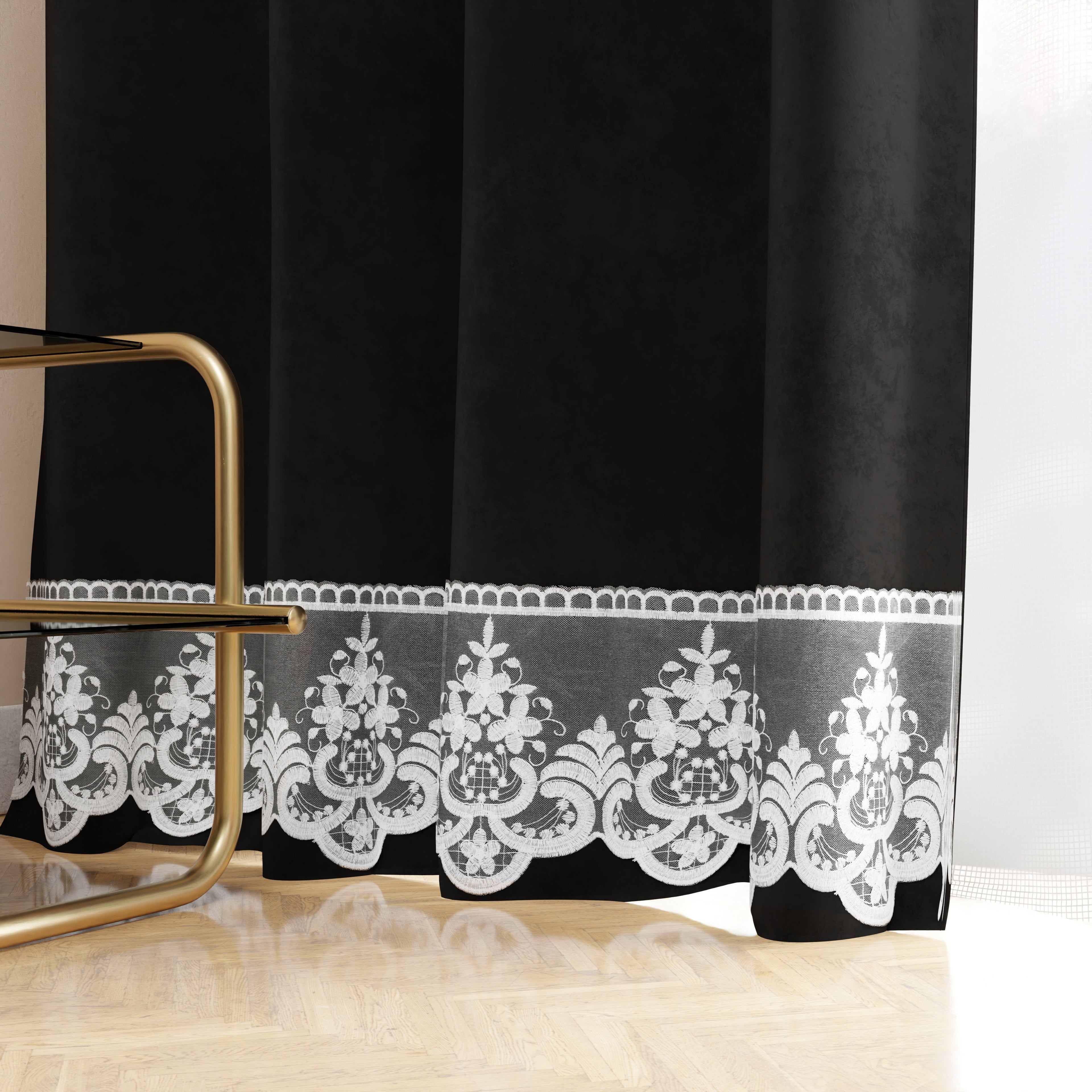 Tenda a Pannello in Velluto per Interni con Anelli e Pizzo Rebrodè, 140x280 cm, Nero by Sissy