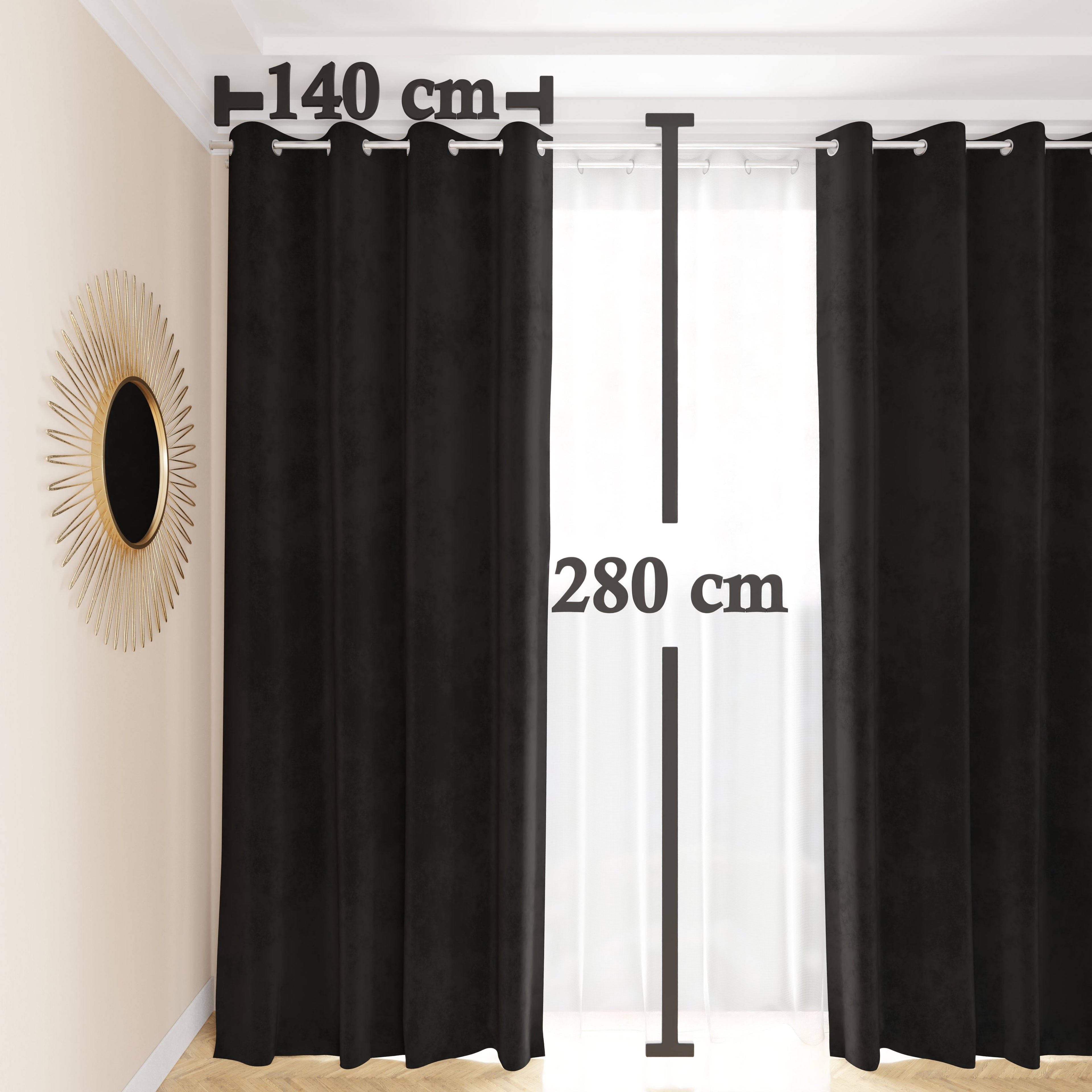 Tenda a Pannello in Velluto per Interni con Anelli, 140x280 cm, Nero