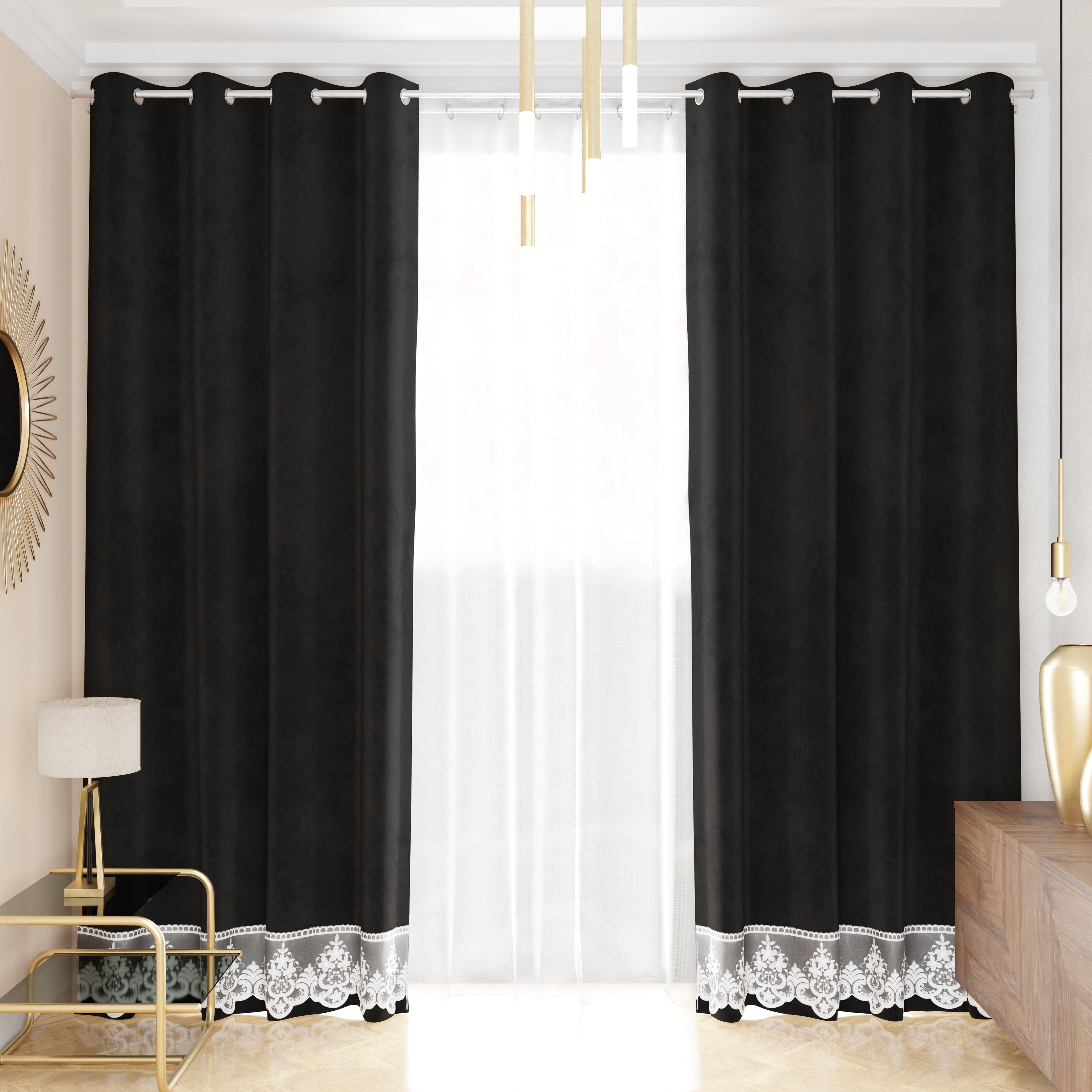 Tenda a Pannello in Velluto per Interni con Anelli e Pizzo Rebrodè, 140x280 cm, Nero by Sissy