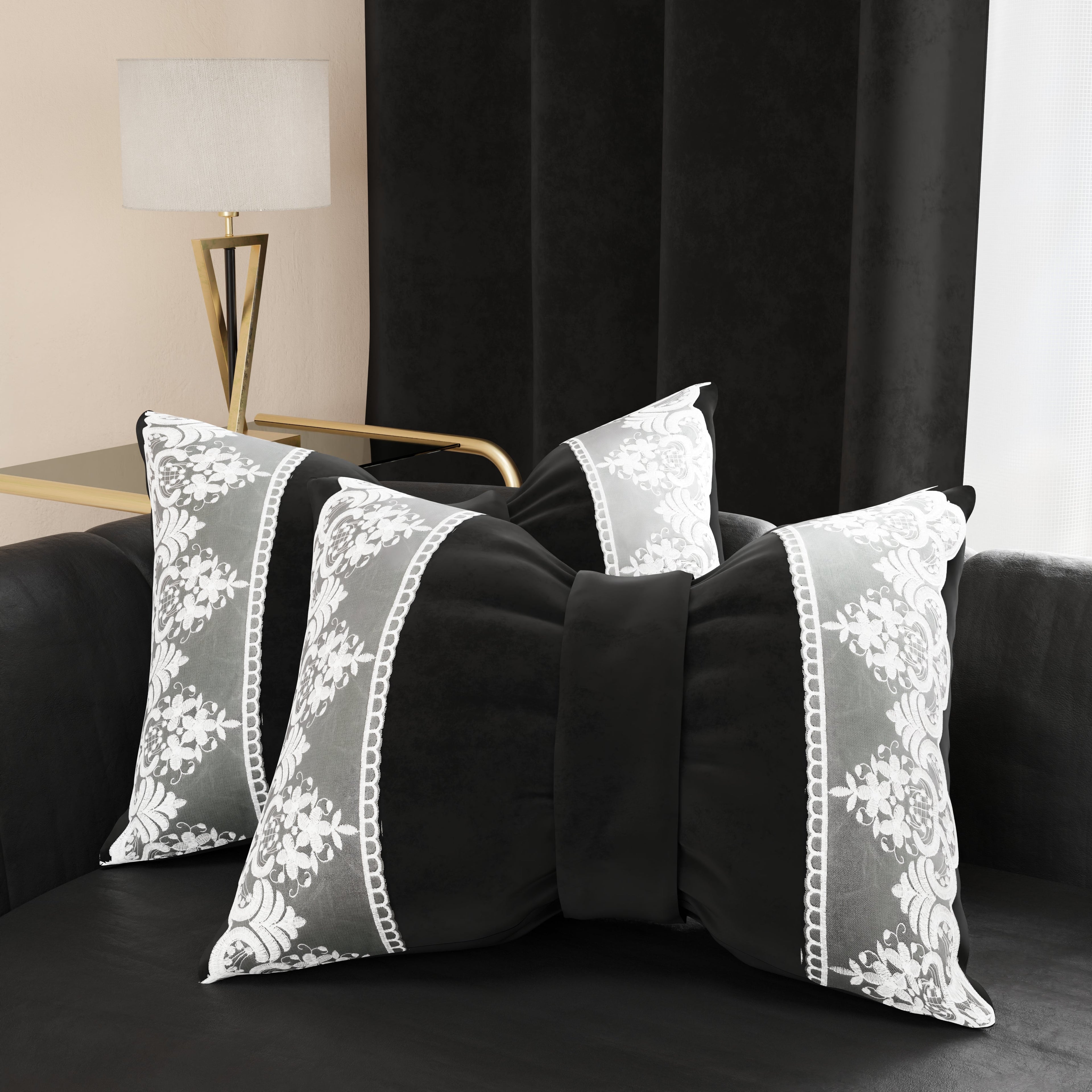 Cuscino Arredo Fiocco in Velluto e Balza con Pizzo Rebrodè 40x50 cm, Cuscino divano Nero By Sissy