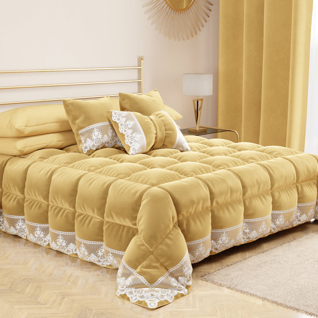 Cuscino Arredo Fiocco in Velluto e Balza con Pizzo Rebrodè 40x50 cm, Cuscino divano Oro By Sissy