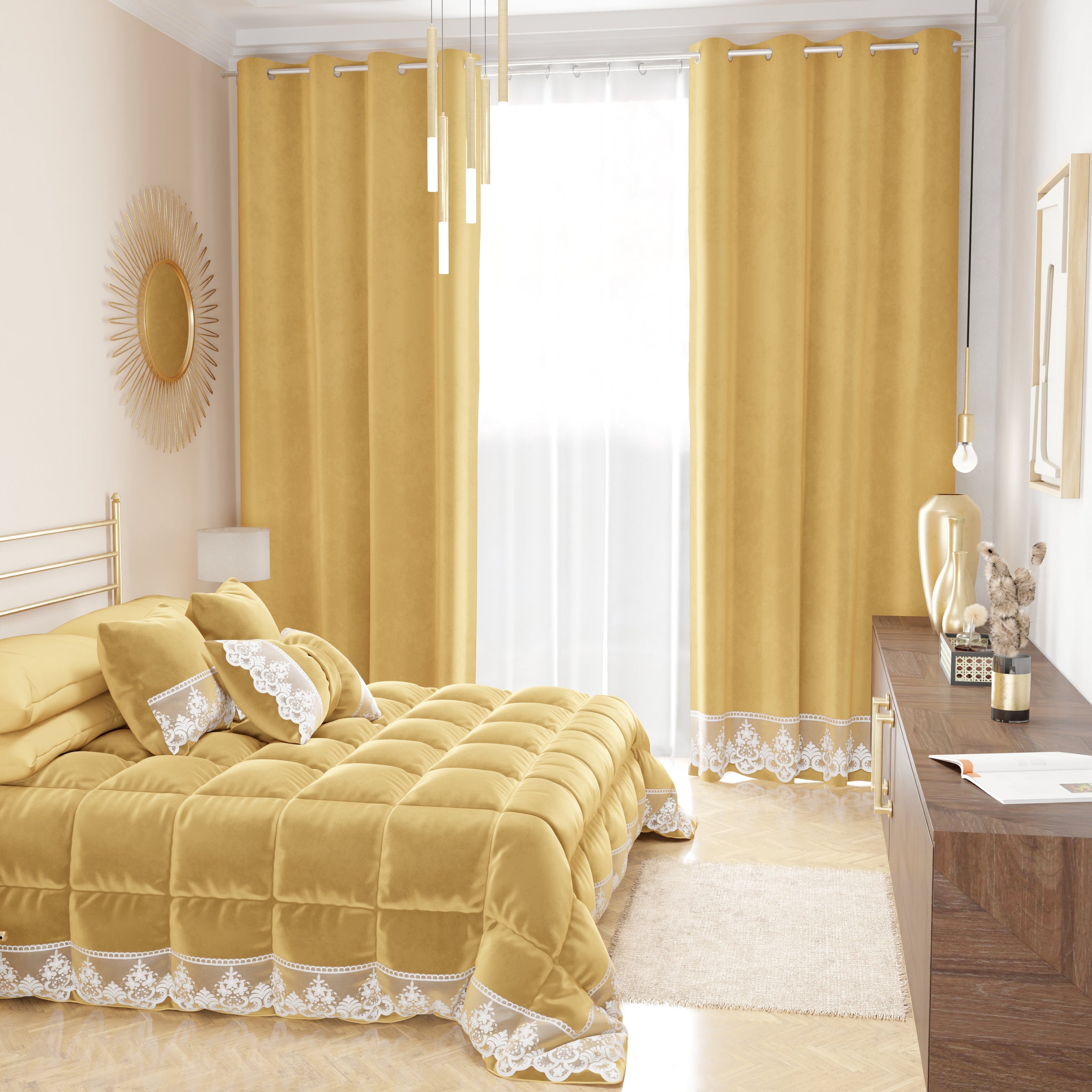 Tenda a Pannello in Velluto per Interni con Anelli e Pizzo Rebrodè, 140x280 cm, Oro by Sissy