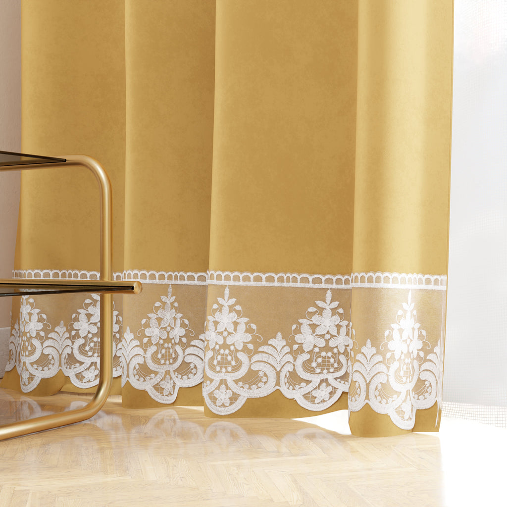 Tenda a Pannello in Velluto per Interni con Anelli e Pizzo Rebrodè, 140x280 cm, Oro by Sissy