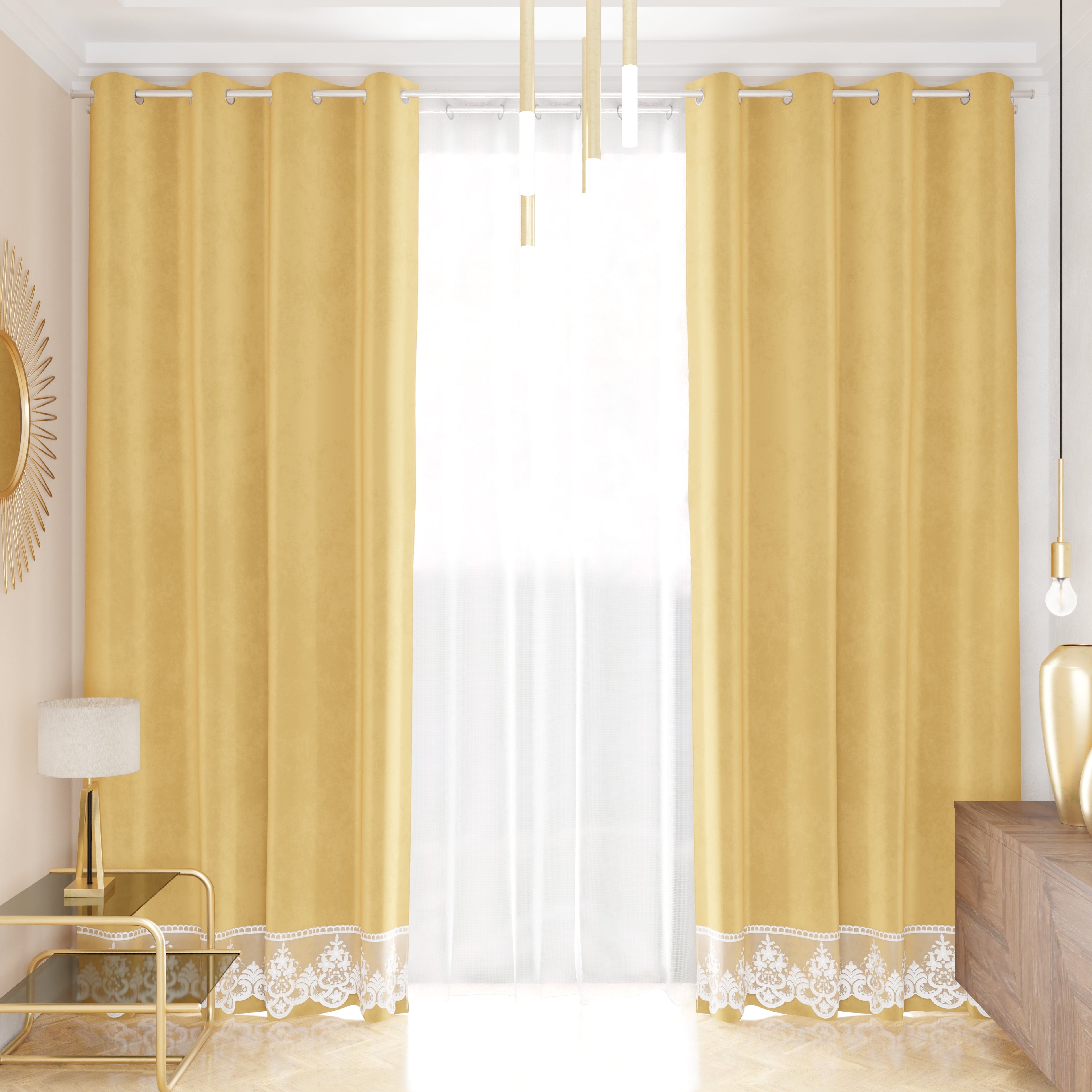 Tenda a Pannello in Velluto per Interni con Anelli e Pizzo Rebrodè, 140x280 cm, Oro by Sissy