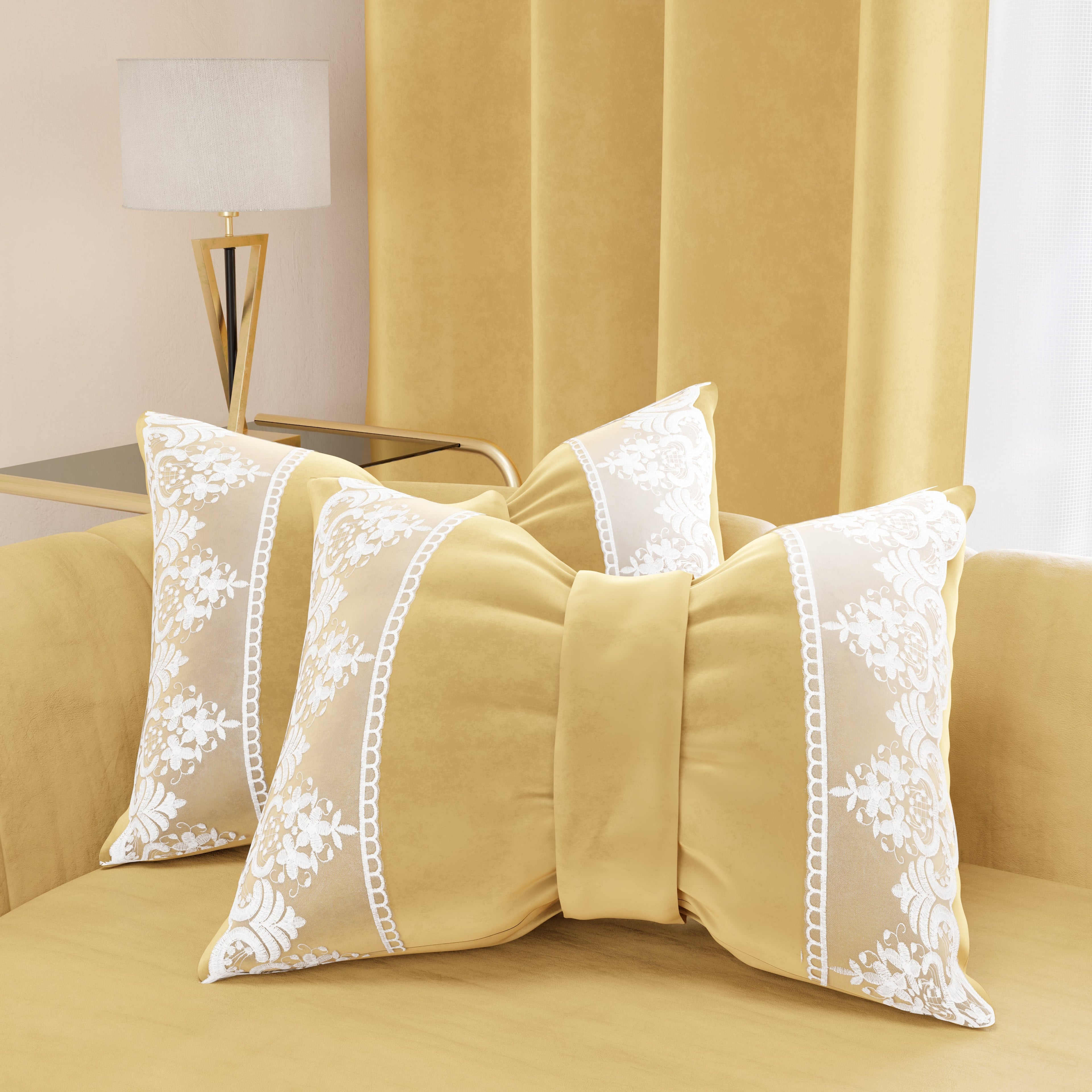 Cuscino Arredo Fiocco in Velluto e Balza con Pizzo Rebrodè 40x50 cm, Cuscino divano Oro By Sissy