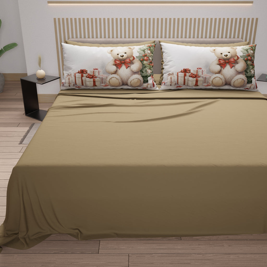 Lenzuola Natalizie in Cotone, Completo Letto con Federe in Stampa Digitale Orsetto 01