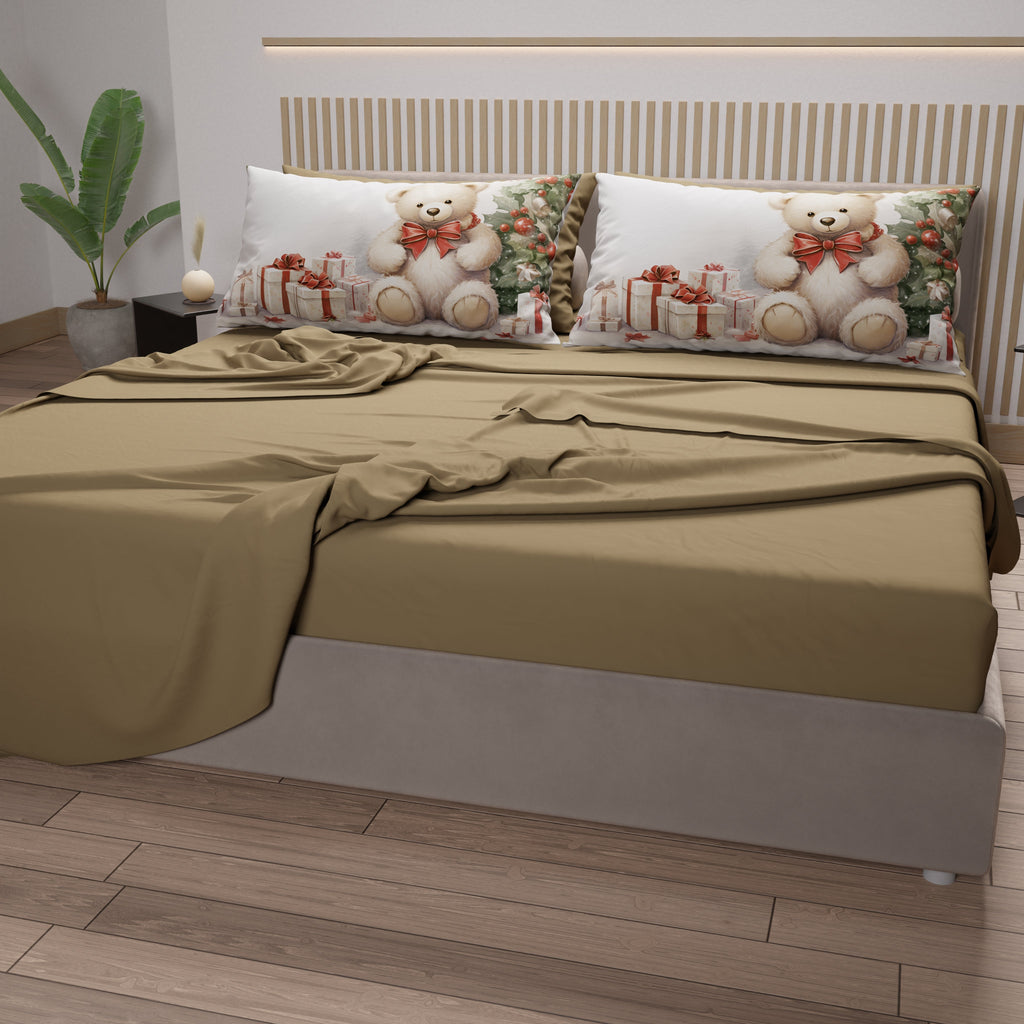 Lenzuola Natalizie in Cotone, Completo Letto con Federe in Stampa Digitale Orsetto 01