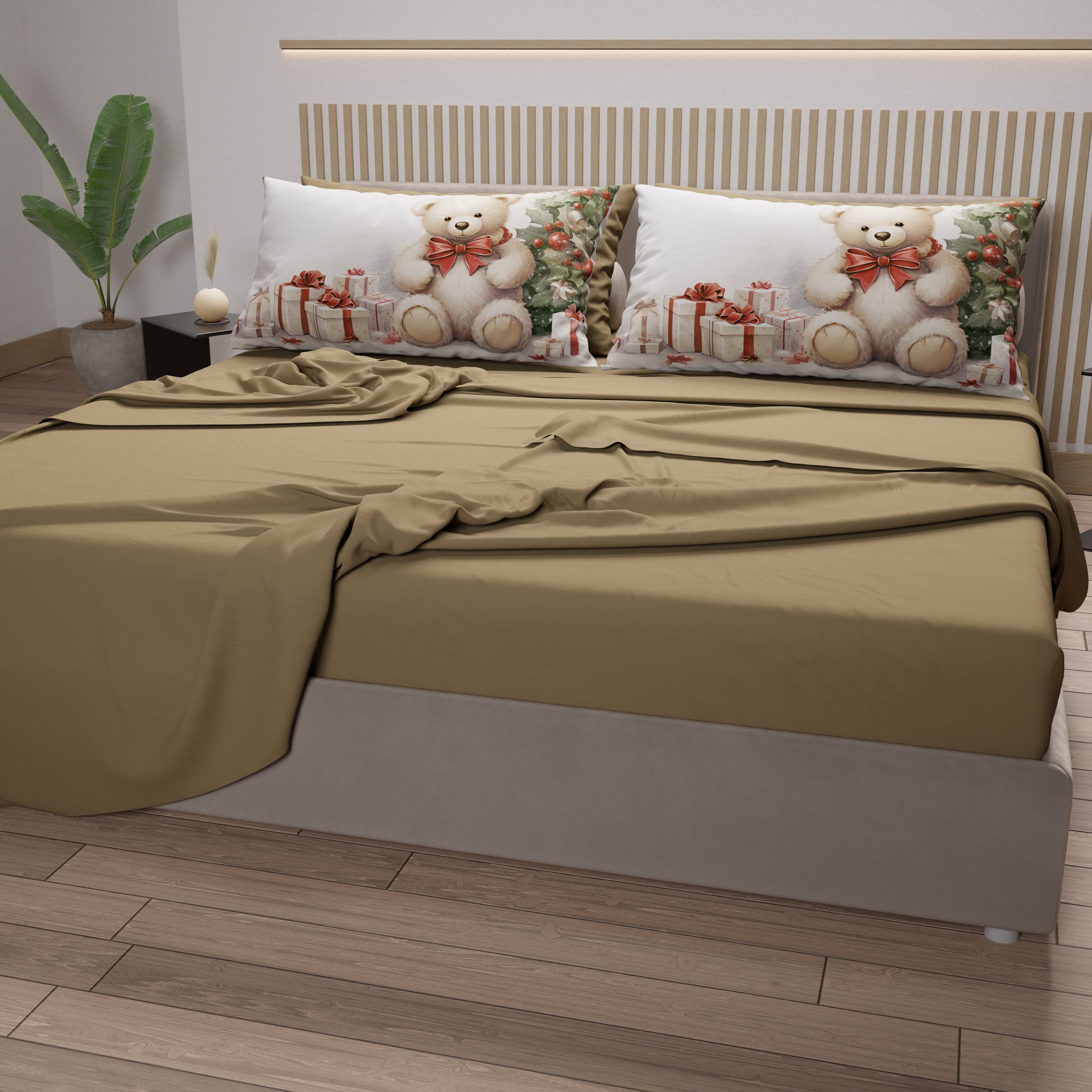 Lenzuola Natalizie in Cotone, Completo Letto con Federe in Stampa Digitale Orsetto 01