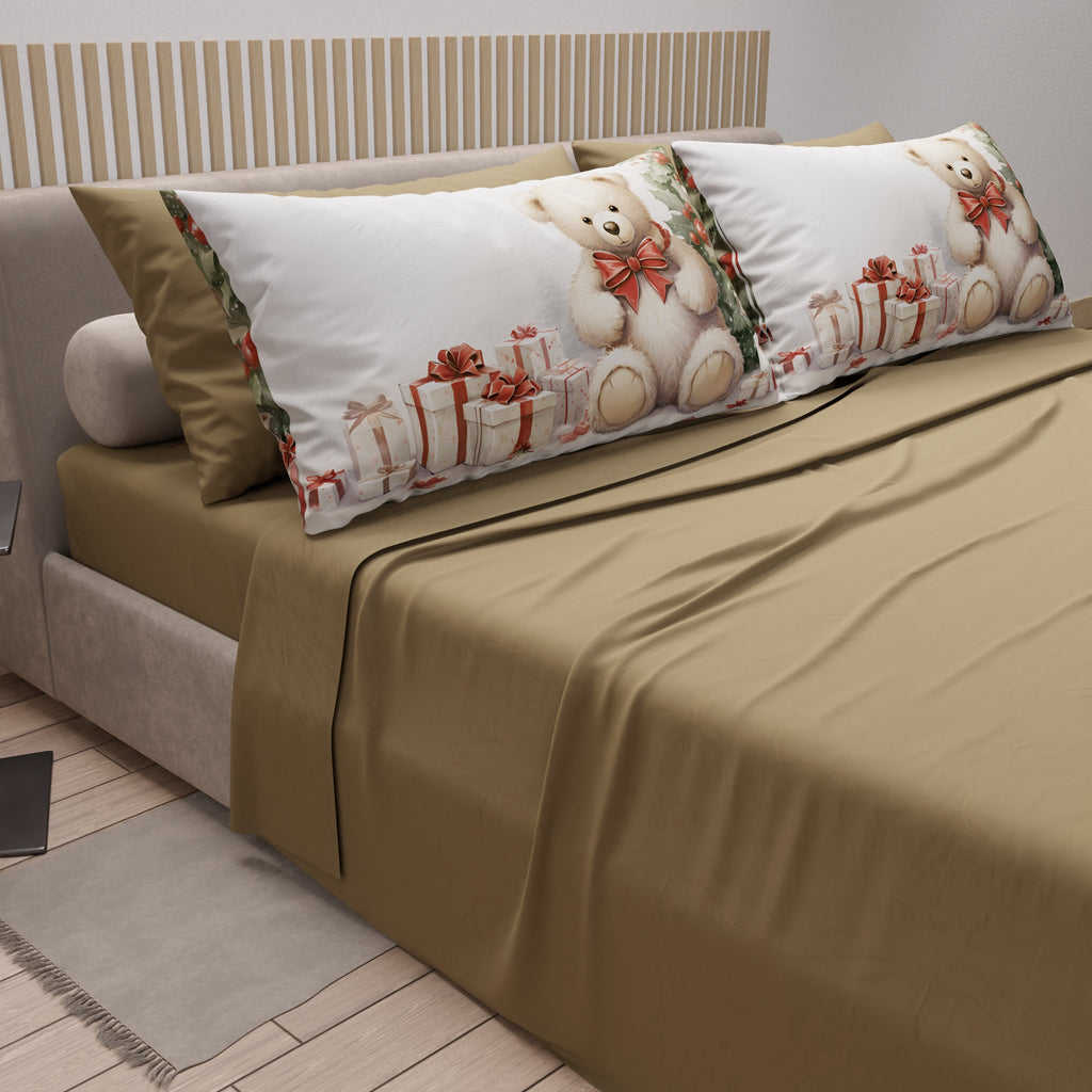 Lenzuola Natalizie in Cotone, Completo Letto con Federe in Stampa Digitale Orsetto 01