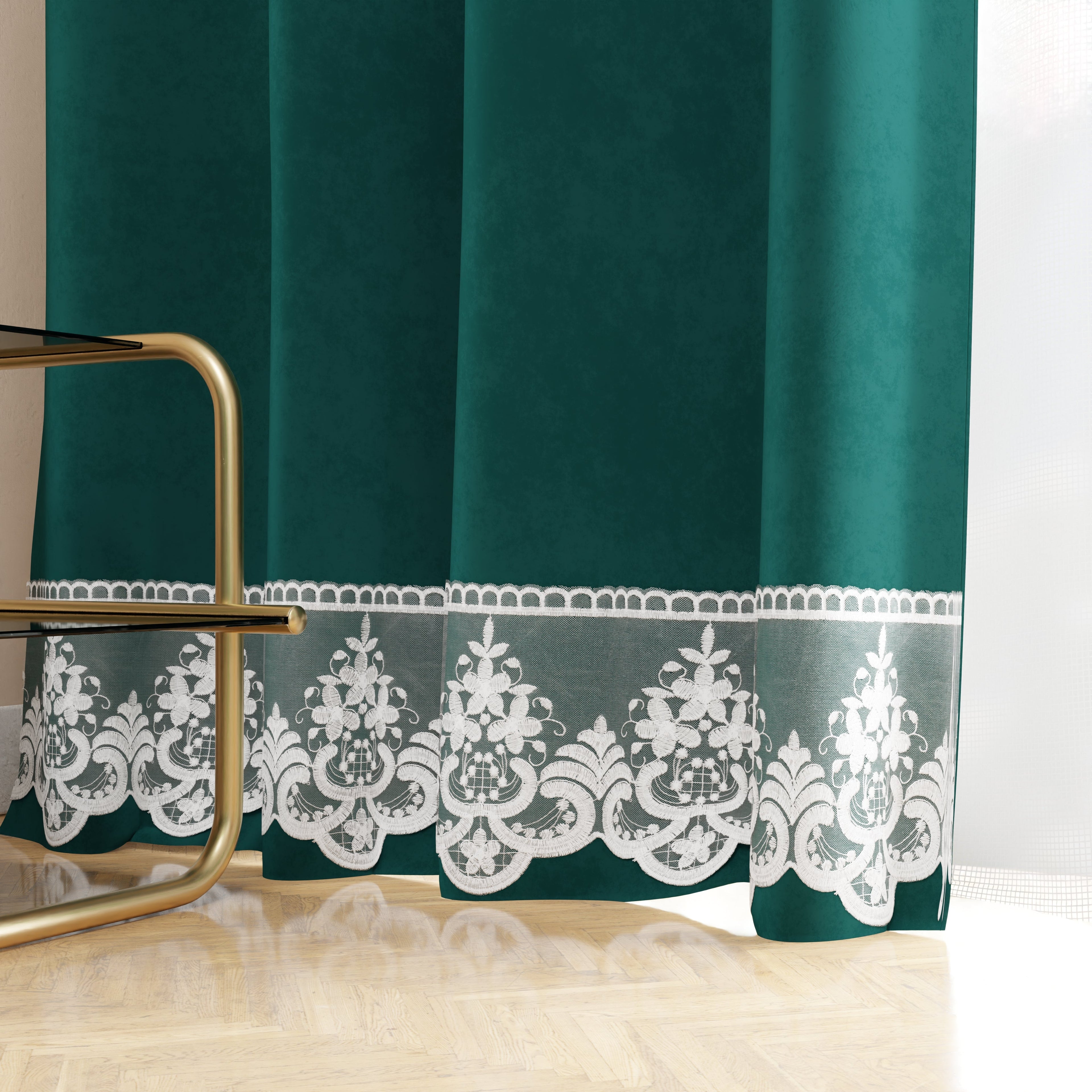 Tenda a Pannello in Velluto per Interni con Anelli e Pizzo Rebrodè, 140x280 cm, Ottanio by Sissy