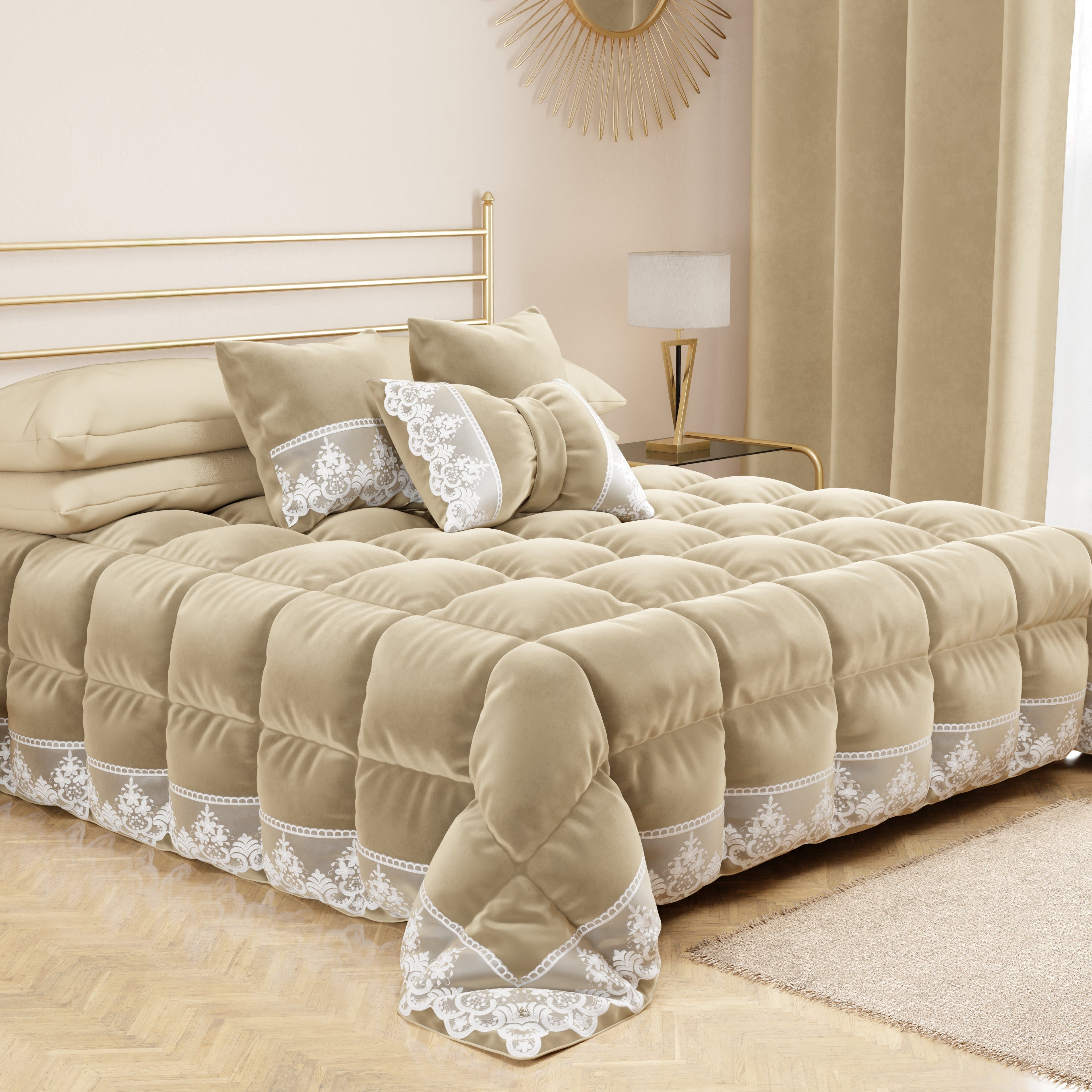 Cuscino Arredo Fiocco in Velluto e Balza con Pizzo Rebrodè 40x50 cm, Cuscino divano Panna By Sissy