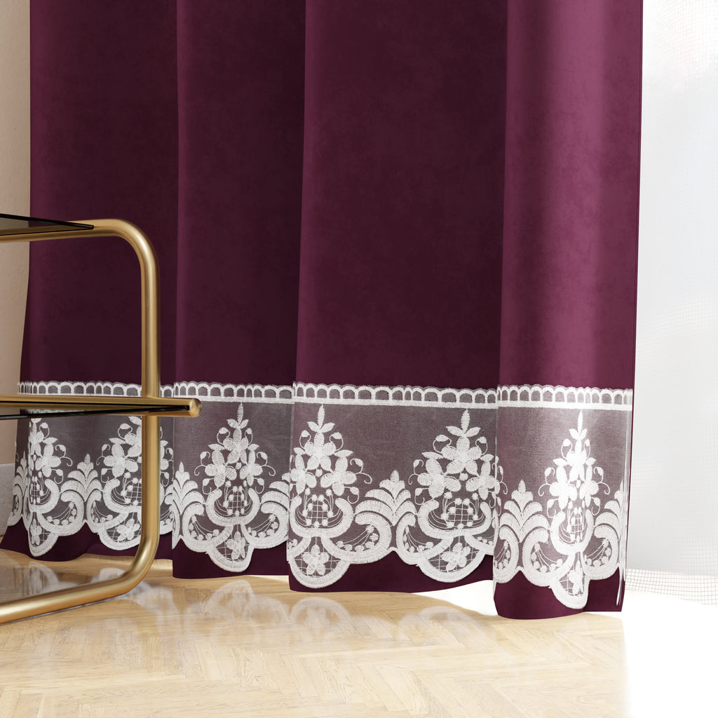 Tenda a Pannello in Velluto per Interni con Anelli e Pizzo Rebrodè, 140x280 cm, Prugna by Sissy