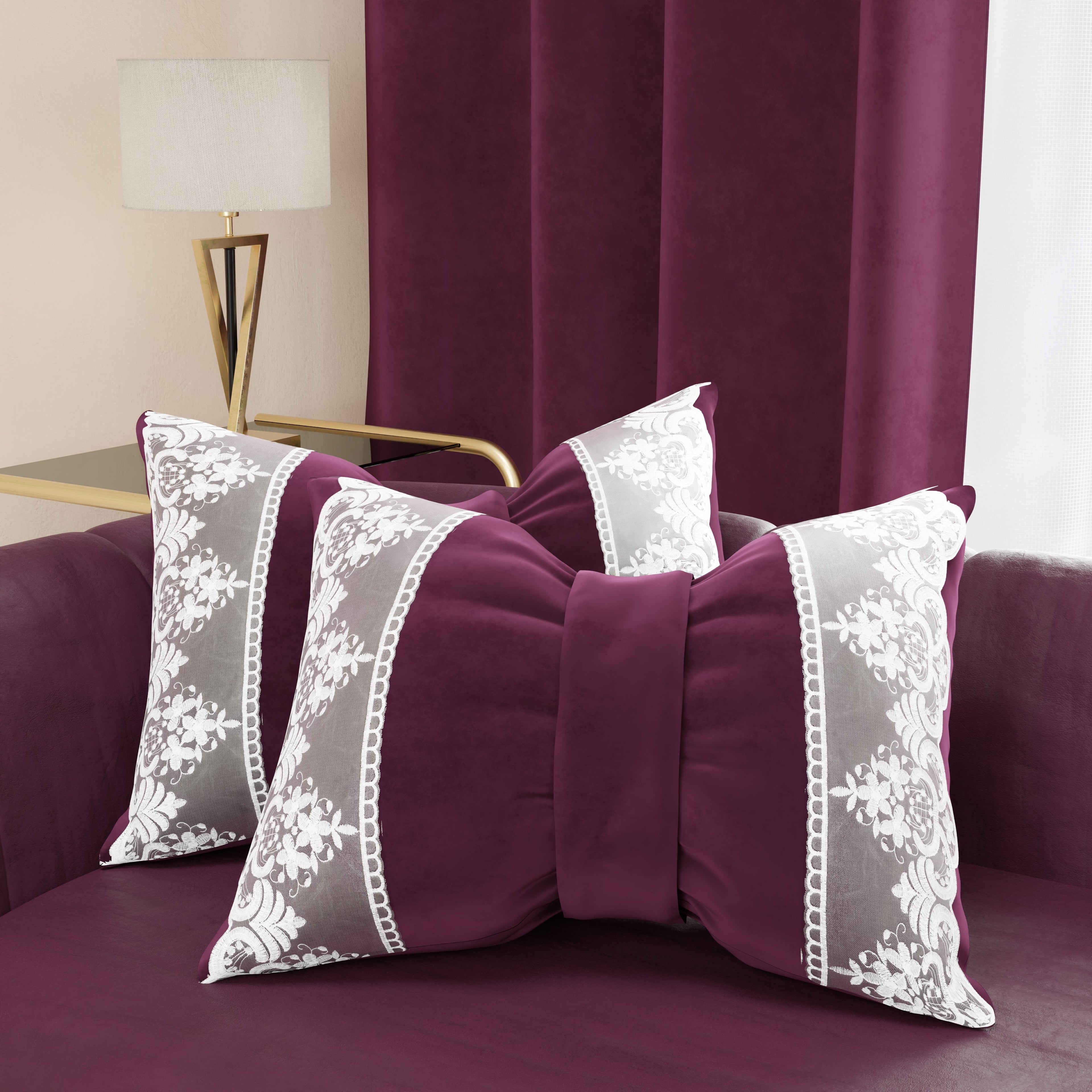 Cuscino Arredo Fiocco in Velluto e Balza con Pizzo Rebrodè 40x50 cm, Cuscino divano Prugna By Sissy